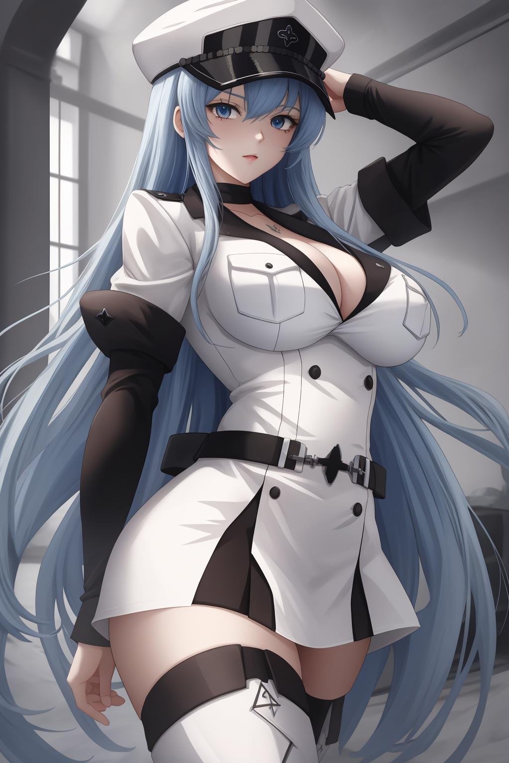 ((best quality)), absurdres, ((ultra high res)), esdeath, a woman in a white uniform, blue hair, extremely detailed, 8k, masterpiece, <lora:easdeath-12:0.75>