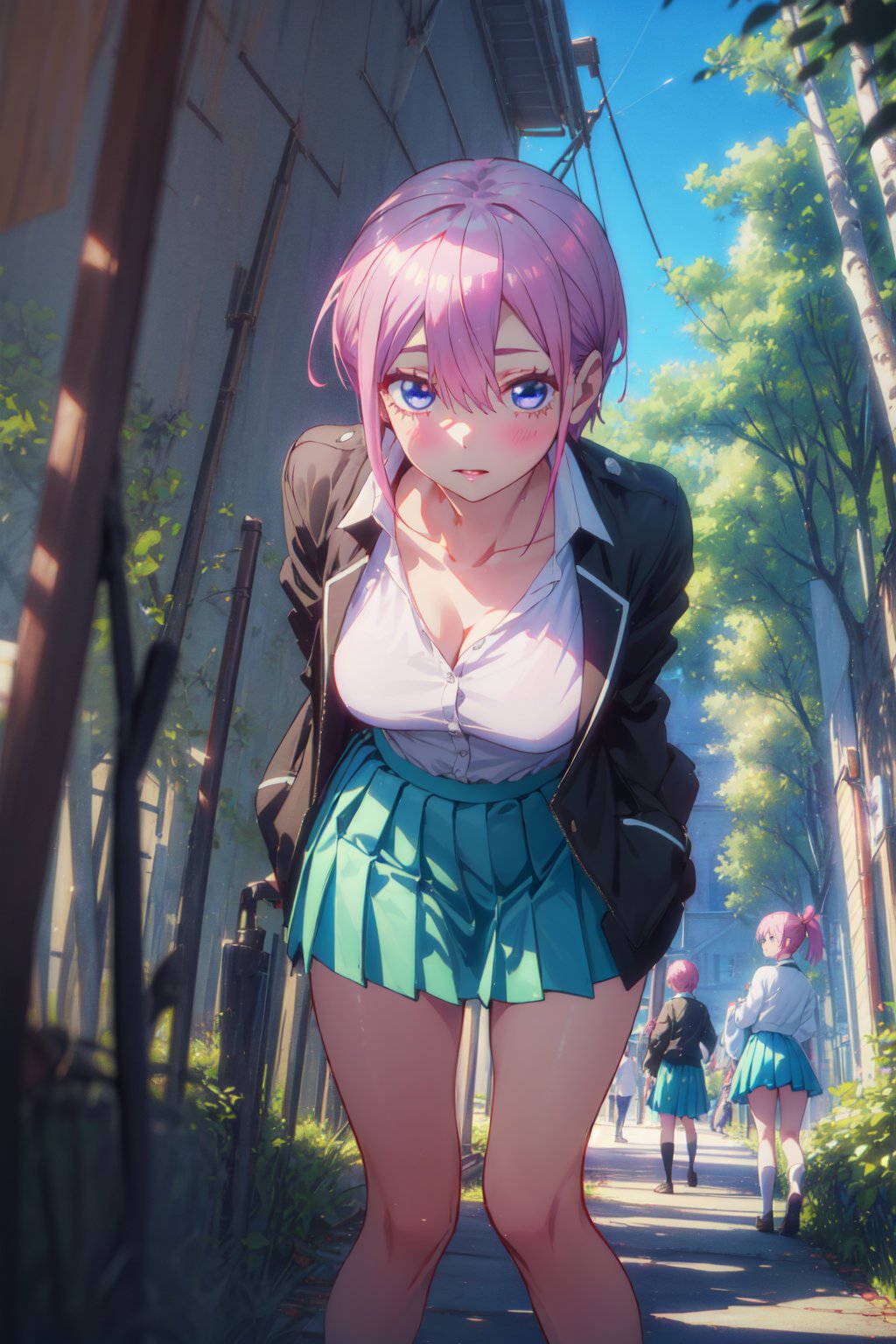 1girl,looking at viewer,solo,short hair,bangs,hair between eyes,pink hair,blue eyes,school uniform,collarbone,black jacket,white shirt,collared shirt,large breasts,open clothes,skirt,green skirt,pleated skirt,<lora:Ichika (3):0.8>,Ichika_CYQL,(moaning,bent over,portrait,front view:1.1),beautiful face,beautiful eyes,glossy skin,shiny skin,Bamboo, Forest, Mist, Morning, Silence, Green, Tranquility, Pathway,Olive trees, Olive orchard, Italian landscape, Midday sun, Rustic charm, Olive harvest,beautiful detailed sky,beautiful detailed glow,masterpiece,best quality,beautiful and aesthetic,contrapposto,female focus,fine fabric emphasis,wallpaper,fashion,<lora:增强减少细节add_detail:0.4>,