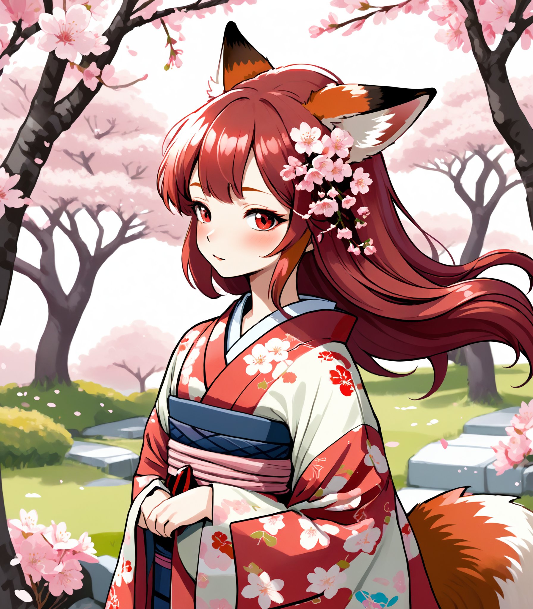 Illustration of a fox girl wearing a traditional Japanese kimono, with a detailed floral pattern and vibrant colors. Her long flowing hair is adorned with delicate cherry blossoms and standing gracefully against a backdrop of a serene cherry blossom garden.