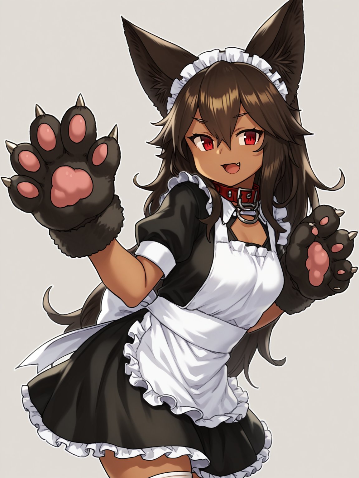 score_9, source_anime,1girl, solo, dark-skinned female, dark skin, animal ears, red eyes, animal hands, maid, white thighhighs, thighhighs, maid headdress, long hair, apron, paw gloves, brown hair, open mouth, looking at viewer, fang, smile, gloves, :d, dress, skin fang, black dress, short sleeves, hair between eyes, spikes, collar, simple background, frills, bangs, wolf ears, white apron, dog ears, grey background, puffy short sleeves <lora:hou621 ponyDiffusionV6XL_v6StartWithThisOne__1713024306:1>