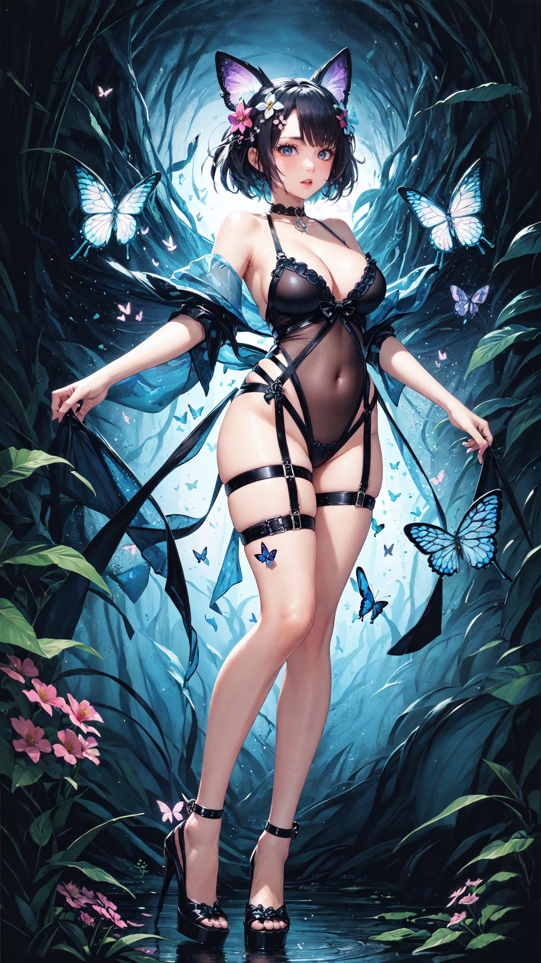 tutututu,see-through,thigh strap,choker,navel,collar,bondage outfit,underwear,lingerie,swimsuit,high heels,(masterpiece:1.1),(highest quality:1.1),(HDR:1),ambient light,ultra-high quality,( ultra detailed original illustration),(1girl, full body),((harajuku fashion)),((flowers with human eyes, flower eyes)),double exposure,fusion of fluid abstract art,glitch,(original illustration composition),(fusion of limited color, maximalism artstyle, geometric artstyle, butterflies, junk art),<lora:merged_0023:0.65>,