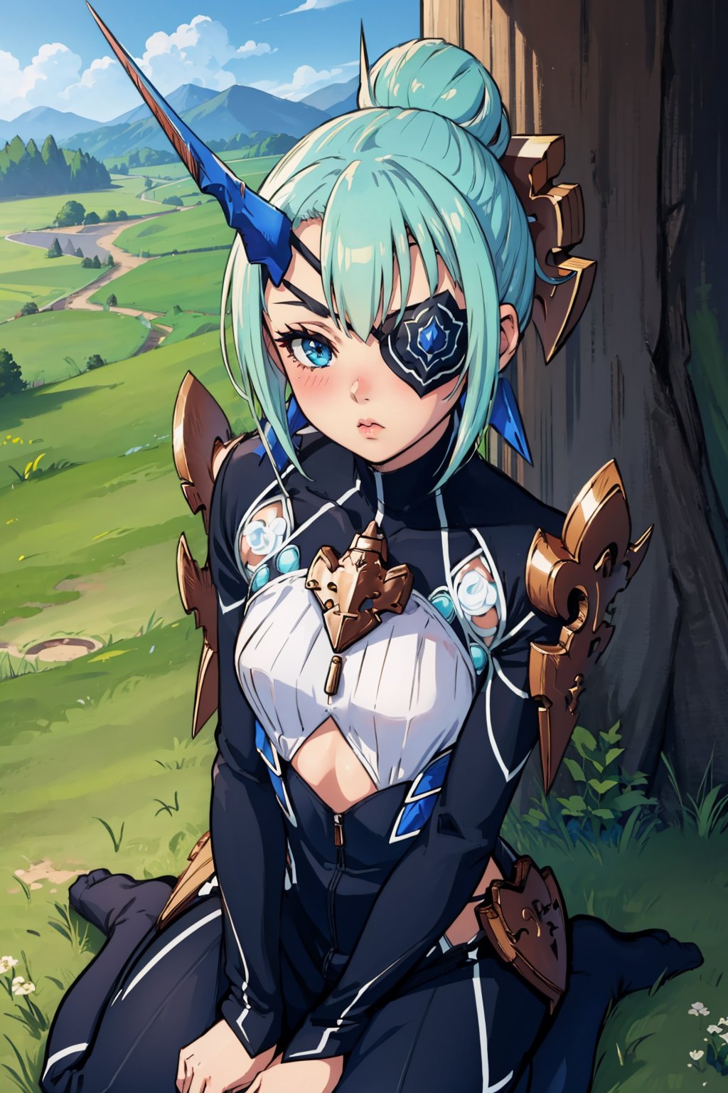 masterpiece, best quality, 1girl,  <lora:xctheory-nvwls-v1-000009:0.9> xcTheory, single hair bun, horns, hair ornament, eyepatch, bodysuit, armor, black pants, seiza, pout, blush, looking at viewer, grass