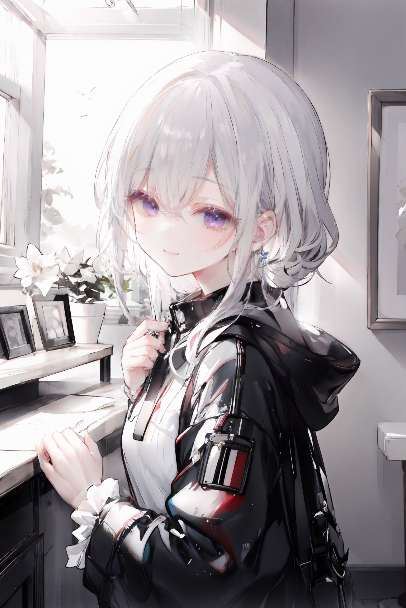 masterpiece,best quality,high detailed,1girl,solo, half-closed eyes, light smile, iei, monochrome,picture frame, best quality, amazing quality, very aesthetic, absurdres<lyco:GoodHands-beta2:0.9>