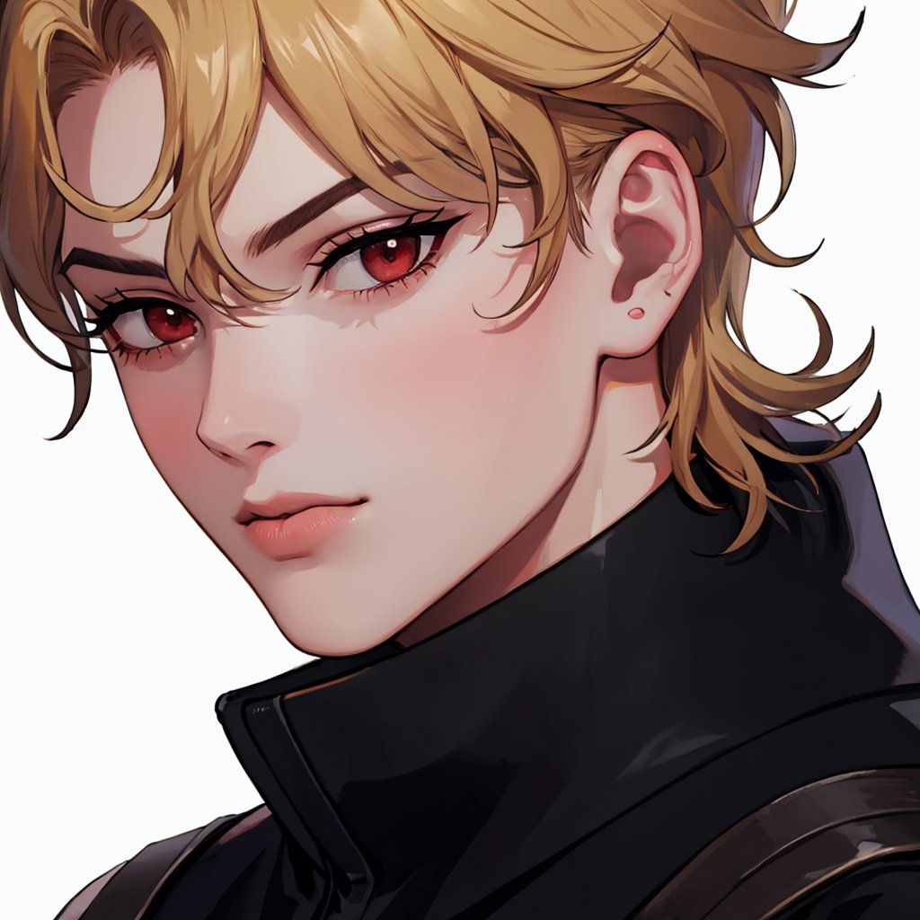 masterpiece,best quality, highly detailed, portrait,close-up,upper body,dio brando,1boy,solo,male focus<lora:dio_brando:1>,simple background,white background,