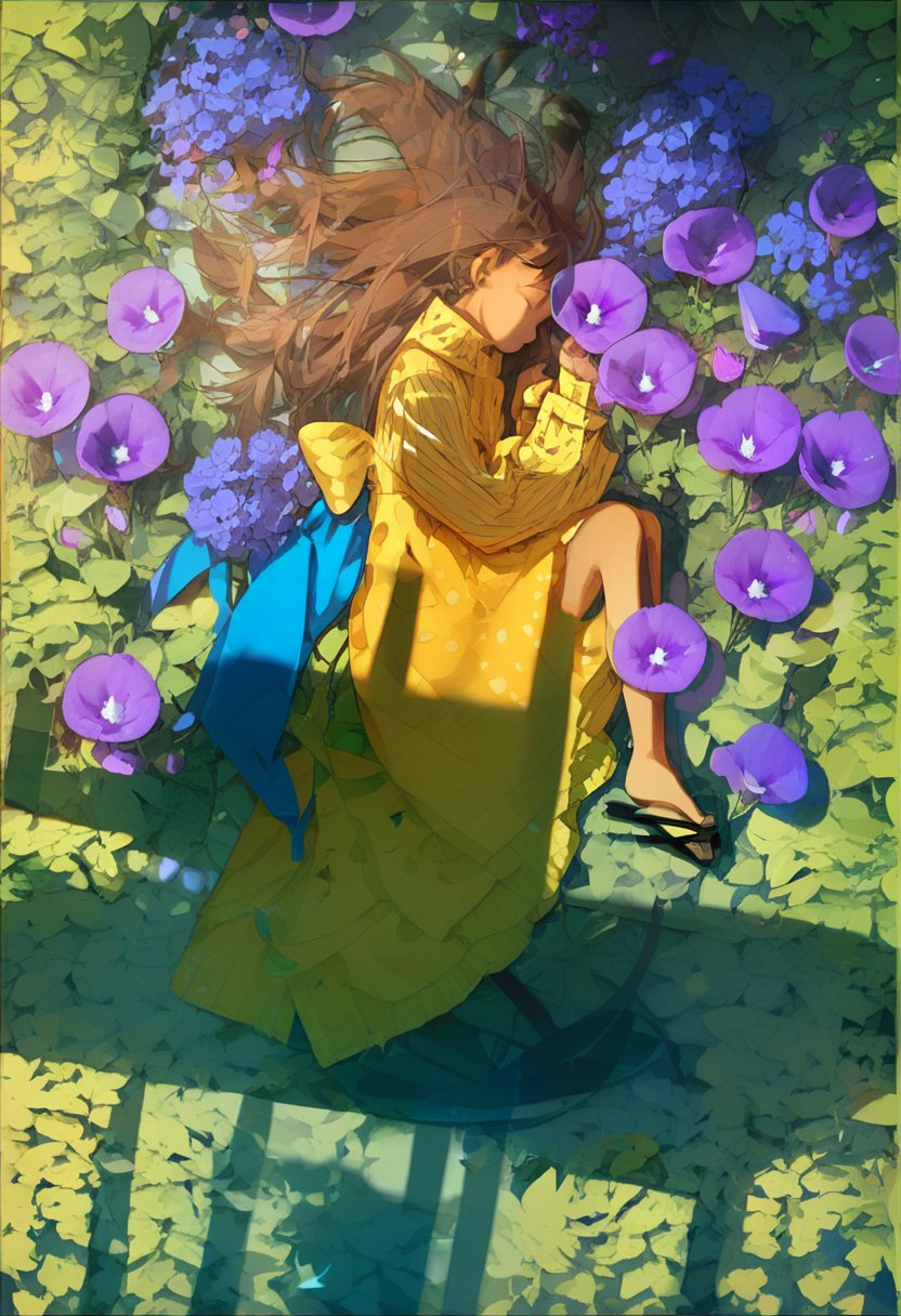 score_9, score_8_up, score_7_up, score_6_up, <lora:REDUMXL_P6_lokr_V53P1:0.95>   1girl, flower, purple flower, solo, long hair, brown hair, dress, yellow dress, closed eyes, long sleeves, leaf, dappled sunlight, on side, lying, from above, blue flower, sandals, shadow, plant, outdoors, origami