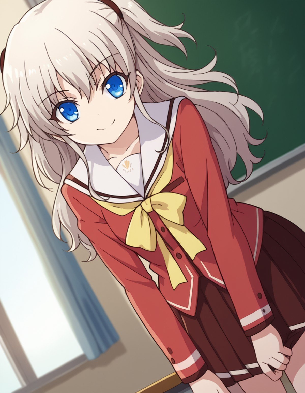 score_9, score_8_up, score_7_up, source_anime,naotomori, <lora:nao-tomori-s1-ponyxl-lora-nochekaiser:1>,nao tomori, long hair, blue eyes, two side up,school uniform, serafuku, long sleeves, red blazer, red skirt, pleated skirt, white sailor collar,indoors, classroom, bent over, smile,looking at viewer, cowboy shot, solo, dutch angle,