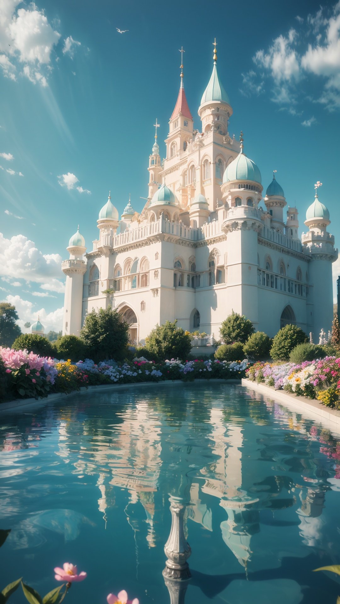 GONGDIAN,no humans,scenery,sky,cloud,flower,outdoors,day,tree,water,blue sky,reflection,building,reflective water,pink flower,castle,tower,cloudy sky,(no humans:1.5),<lora:GONGDIAN_20240315234211:0.5>,, scenery,no humans,masterpiece,best quality,high quality,extremely detailed CG,award winning photography,Bokeh,Depth of Field,HDR,bloom,Chromatic Aberration,Photorealistic,extremely detailed,trending on artstation,trending on CGsociety,Intricate,High Detail,dramatic,art by midjourney,volumetric lighting,(Magical),(epic),incredibly absurdres,official wallpaper,extremely detailed CG unity 8k wallpaper,chromatic aberration,detailed color,scene detail extremely tall object,