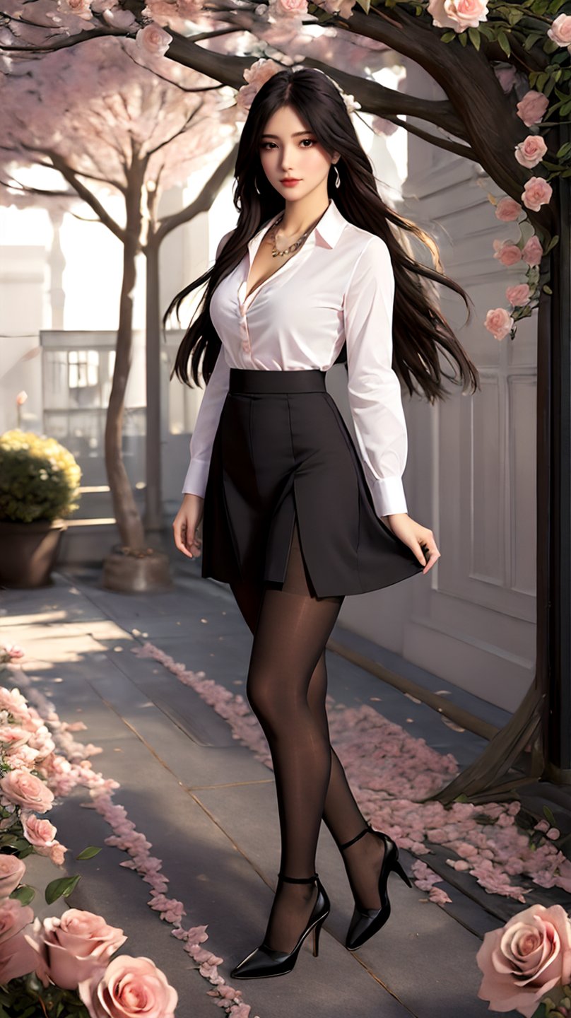 ((masterpiece)),((best quality)),wallpaper,exquisite facial features,high detail,original,ls,1girl,solo,looking at viewer,,depth of field,pink roses,flower field,peach_blossom,circlet,breasts,necklace,Black high waisted short skirt,white shirt,long sleeves,office lady,long hair,shirt tucked in,black pantyhose,collarbone,black long hair,black high heels,full_body,standing,outdoors,<lora:玫瑰花场景-王导:0.6>