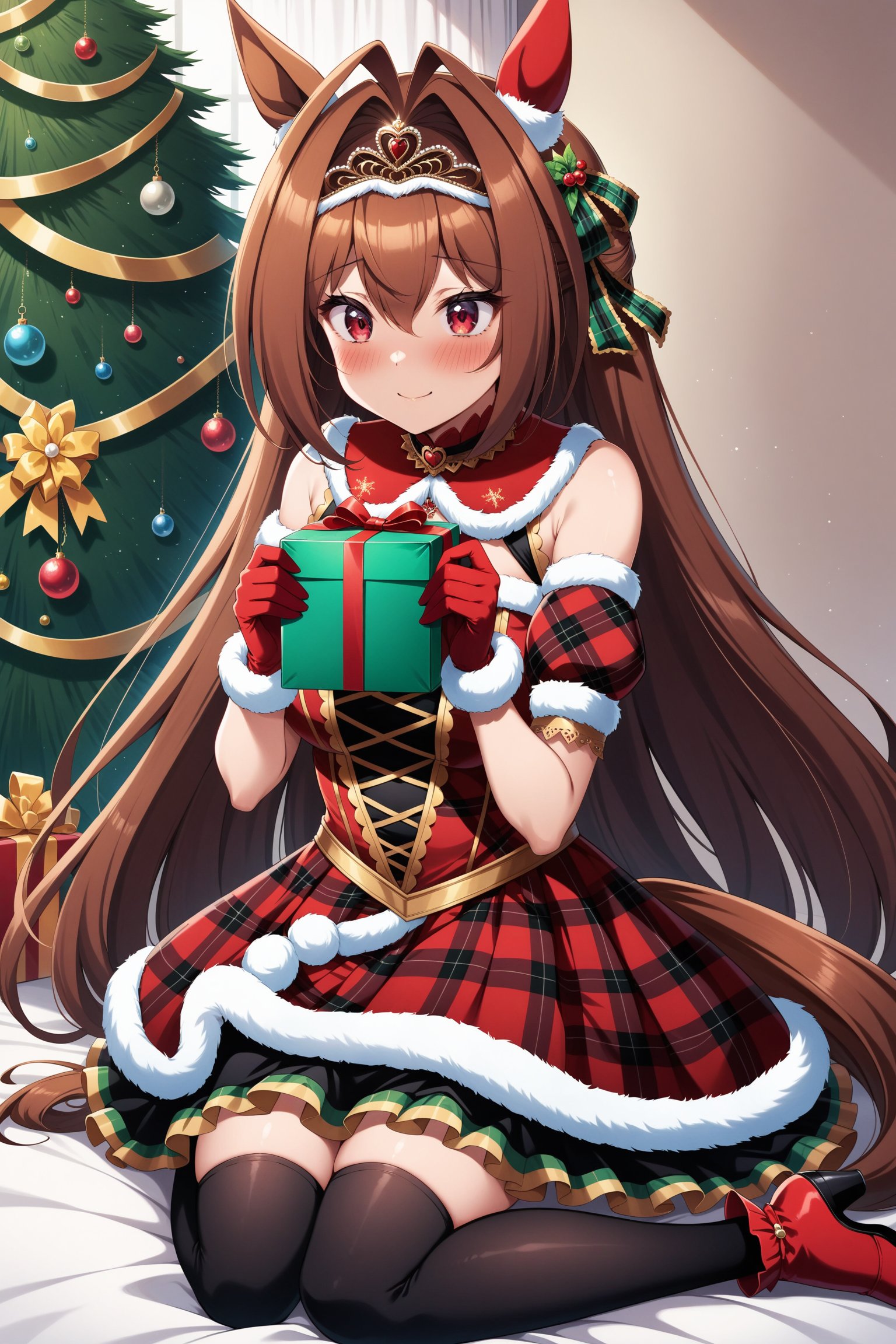 (masterpiece, best quality, very aesthetic, ultra detailed), intricate details, 4k, anime style, bbdaiwa, long hair, hair ribbon, animal ears, ear covers, tiara, horse tail, bare shoulders, fur trim, green bowtie, plaid dress, red dress, green bow, detached sleeves, red gloves, black thighhighs, <lora:daiwa_scalet_XL_v1:0.9>, wariza, christmas tree, indoors, holding gift, presenting, embarrassed, blush, looking at another, smile