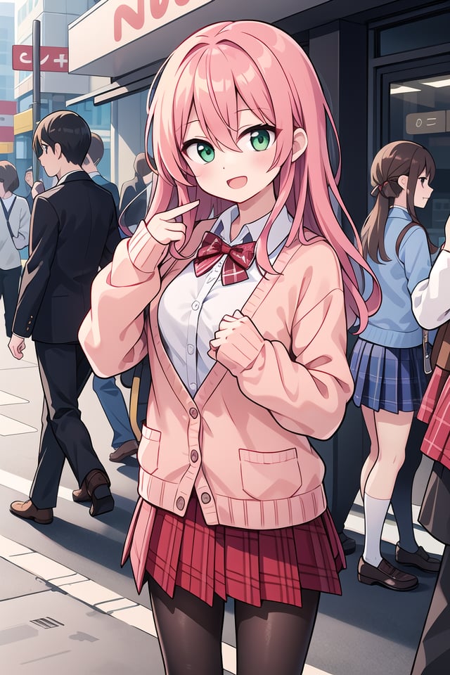 insanely detailed, absurdres, ultra-highres, ultra-detailed, best quality,1girl, solo, nice hands, perfect handsBREAK(School Uniforms:1.2), (pink cardigan is fit body:1.4), ((do up a buttons, not loose):1.5), ((long sleeve, sleeves past wrists):1.2), (inner wear is white collared-shirt:1.3), (red plaid-pattern bow:1.3), (red plaid-pattern pleated skirt:1.3), ((dark-brown pantyhose, loafers):1.2), (nsfw:-1.5)BREAKhappy smile, laugh, open mouthBREAK,standing, cowboy shot, looking at viewerBREAKslender, kawaii, perfect symmetrical face, ultra cute girl, ultra cute face, ultra detailed eyes, ultra detailed hair, ultra cute, ultra beautifulBREAKshibuya, akihabara, tokyo, street, crowd, cityscape, depth of field, ultra detailed backgroundBREAKmedium breastsBREAKred hair, green eyes, long hair, hair between eyes