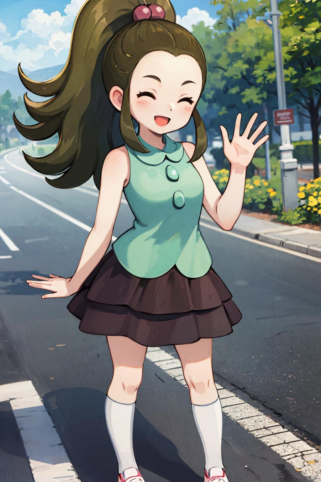 masterpiece,best quality,illustration,beautiful detailed girl, highres,1girl,<lora:GoodHands-beta2:1:lbw=MIDD>,nice hands, perfect hands,<lora:schoolkid oras:1>,schoolkid oras,hair bobbles,forehead,sleeveless shirt,brown skirt,kneehighs,sneakers,standing,(full body:1.2),outdoors,road,smile,looking at viewer,closed eyes,open mouth,arm up, waving