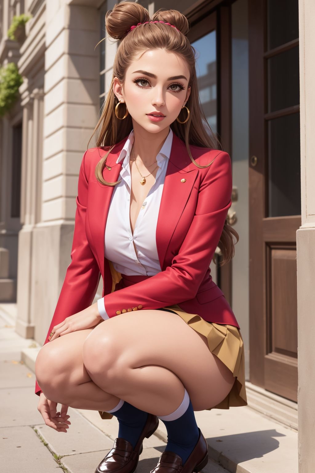 1girl, masterpiece, high quality, 8k, high resolution, perfect art, Navy blue blazer, white unbuttoned shirt, red pleated skirt, knee-high socks, and leather loafers, Temptress, Tall, Fit body, Round Face, Olive Skin, Honey Blonde Hair, hazel Eyes, Narrow Nose, Thick Lips, Round Chin, Long Hair, Thick Hair, Bun, round breasts, small breasts, Faux gauge earrings, fuchsia metallic lipstick, Ivy League university campus