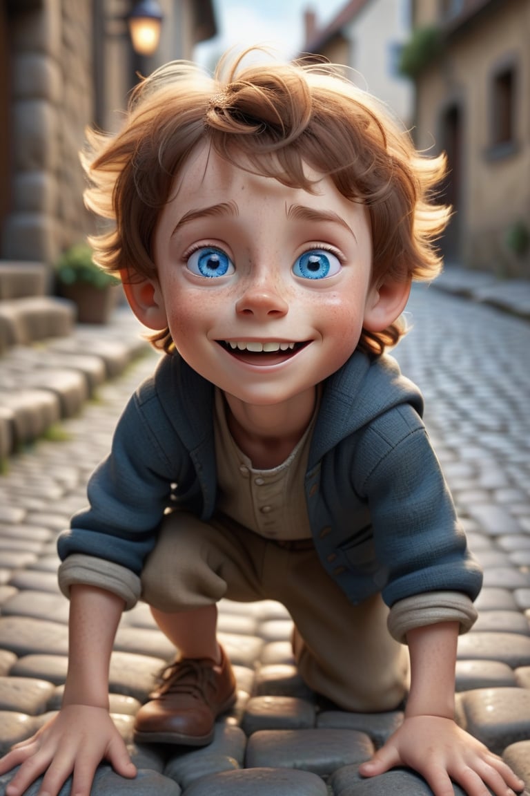 Create a highly detailed, 3D animated portrait of a young boy with strikingly expressive blue eyes, a wide smile, and a look of innocent wonder. The child should have freckles and tousled brown hair, with the lighting highlighting the texture of the skin and hair. Position the child on a cobblestone street, with the background subtly blurred to keep the focus on the child's face. The setting should suggest a historical or medieval context, with the child wearing simple, rough-spun clothing. The overall tone of the image should evoke a sense of curiosity and adventure, capturing the child's awe and excitement at exploring their surroundings