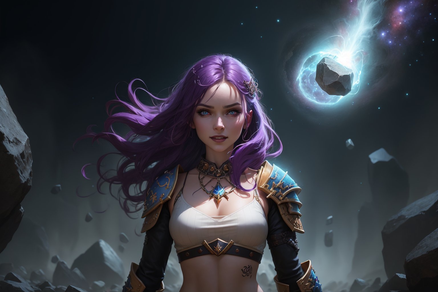 best quality, ultra high res, photorealistic, sfw, armored wizard, magical tattoos, apprentice, 1girl, looking at viewer, upper body, slender, small breasts, purple hair with white stripes, white croptop, (dark and moody universe:1.3), (elden ring style:1.3), (warhammer style:1.1), floating rocks, glowing pebbles, fiery dust, concept artist, global illumination, depth of field, gloomy, unsettling, splash art, art by artgerm and greg rutkowski and viktoria gavrilenko, scary smile, purple light, rule of the thirds