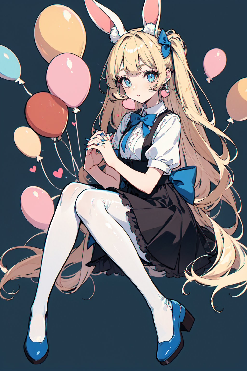 blue_bow,heart,1girl,long_hair,white_legwear,food,heart_pillow,rabbit_ears,very_long_hair,heart_hands,heart_balloon,blue_eyes,animal_ears,blue_flower,shoes,solo,chocolate,cookie,own_hands_together,bow,blue_footwear,pantyhose,blue_ribbon,candy,blush,heart_background,macaron,blue_rose,blonde_hair,blue_bowtie,dress,hair_bow,short_sleeves,heart-shaped_chocolate,interlocked_fingers,doughnut,blue_nails,eyebrows_visible_through_hair,<lora:2:1>,