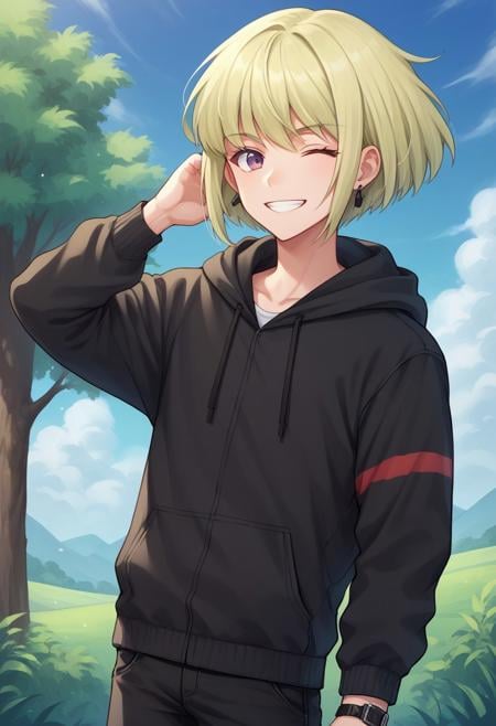 score_9, score_8_up, score_7_up, source_anime, highly detailed, lio, 1boy, male focus, purple eyes, solo, green hair, jacket, watch, wristwatch, hood, earrings, jewelry, blonde hair, black jacket, looking at viewer, androgynous, pants, hoodie, smile, wink,day, blue sky, tree, clouds,