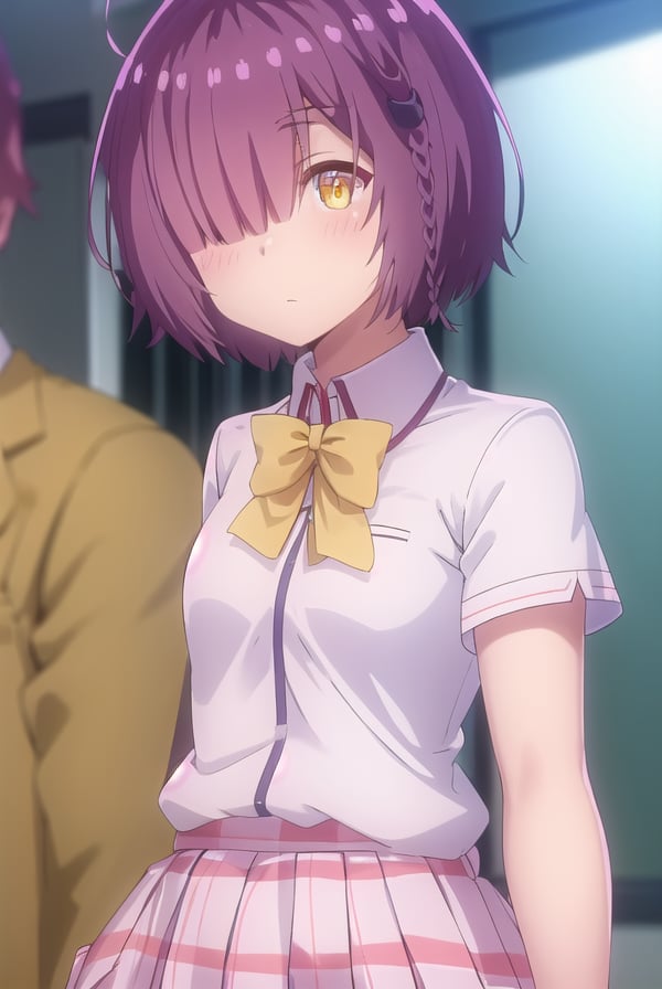 ayanofujimoto, <lora:ayano fujimoto s1-lora-nochekaiser:1>,ayano fujimoto, short hair, hair ornament, (yellow eyes:1.3), purple hair, braid, (hair over one eye:1.5),BREAK skirt, shirt, bow, school uniform, white shirt, short sleeves, pleated skirt, shoes, socks, bowtie, plaid, plaid skirt, brown footwear, black socks, loafers, pink skirt,BREAK indoors, classroom,BREAK looking at viewer,BREAK <lyco:GoodHands-beta2:1>, (masterpiece:1.2), best quality, high resolution, unity 8k wallpaper, (illustration:0.8), (beautiful detailed eyes:1.6), extremely detailed face, perfect lighting, extremely detailed CG, (perfect hands, perfect anatomy),