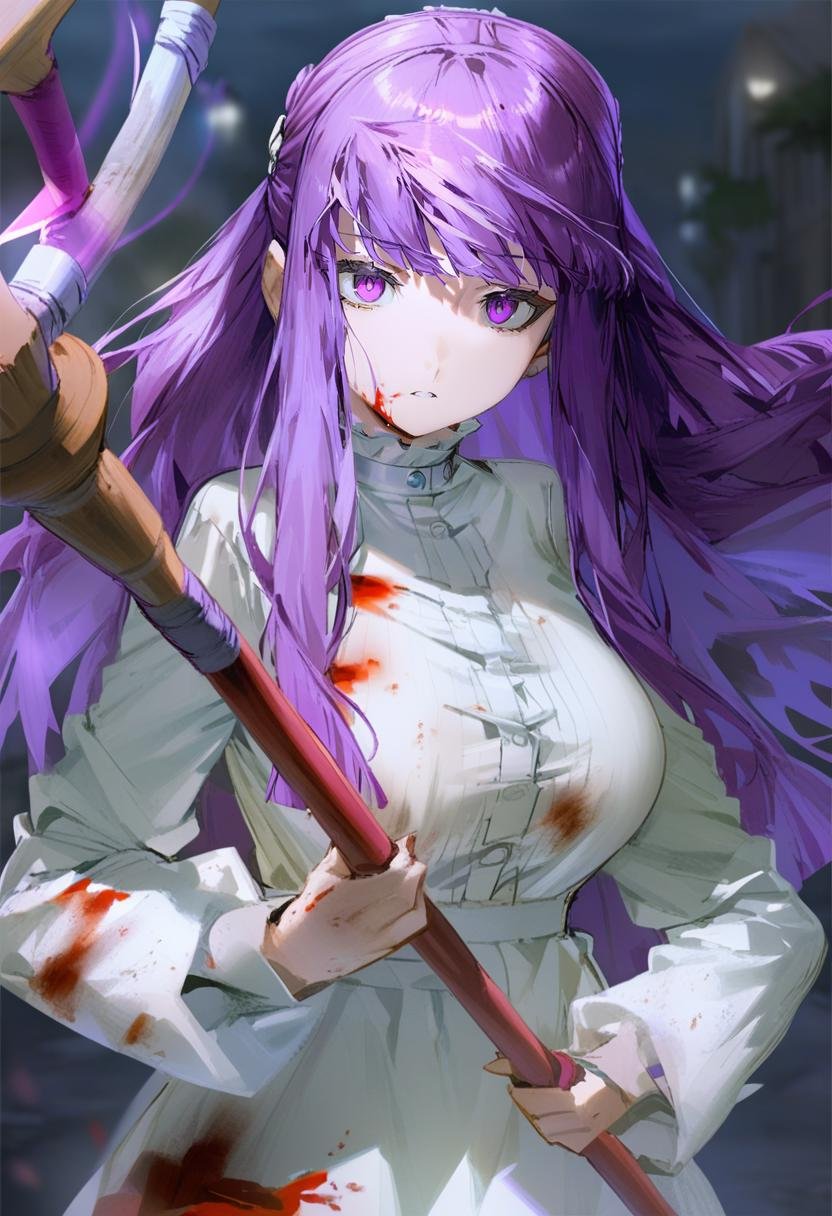 masterpiece, best quality,<lora:QUASARCAKE_XL_ANI31_lokr_V42310:0.95> 1girl, fern \(sousou no frieren\), purple hair, purple eyes, solo, long hair, staff, holding, holding staff, mage staff, dress, blood, white dress, looking at viewer, upper body, breasts, floating hair, blood on clothes, long sleeves, purple pupils, frills, night, blurry, large breasts, straight hair, frilled collar, magic, wind