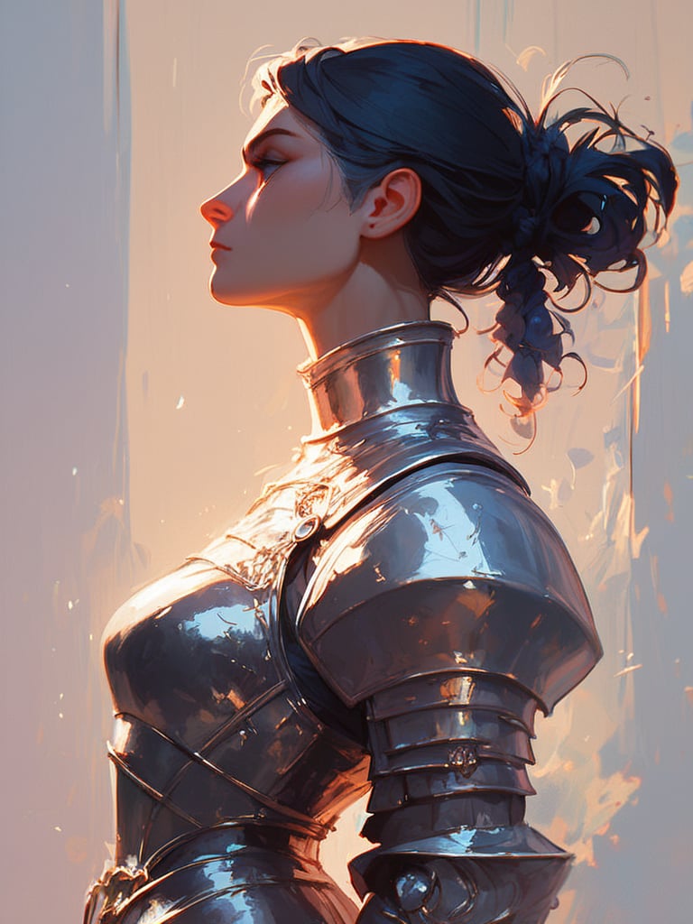 score_9, score_8_up, score_7_up, score_6_up, score_9, score_8_up, score_7_up, score_6_up, BREAK, facing viewer, narrow waist, arched back, puffy long sleeves, knight, hair up, black hair, knight, armor, profile, upper body,<lora:xl_more_art-full_v1:0.25>, <lora:Stylized_Galactic:1>,