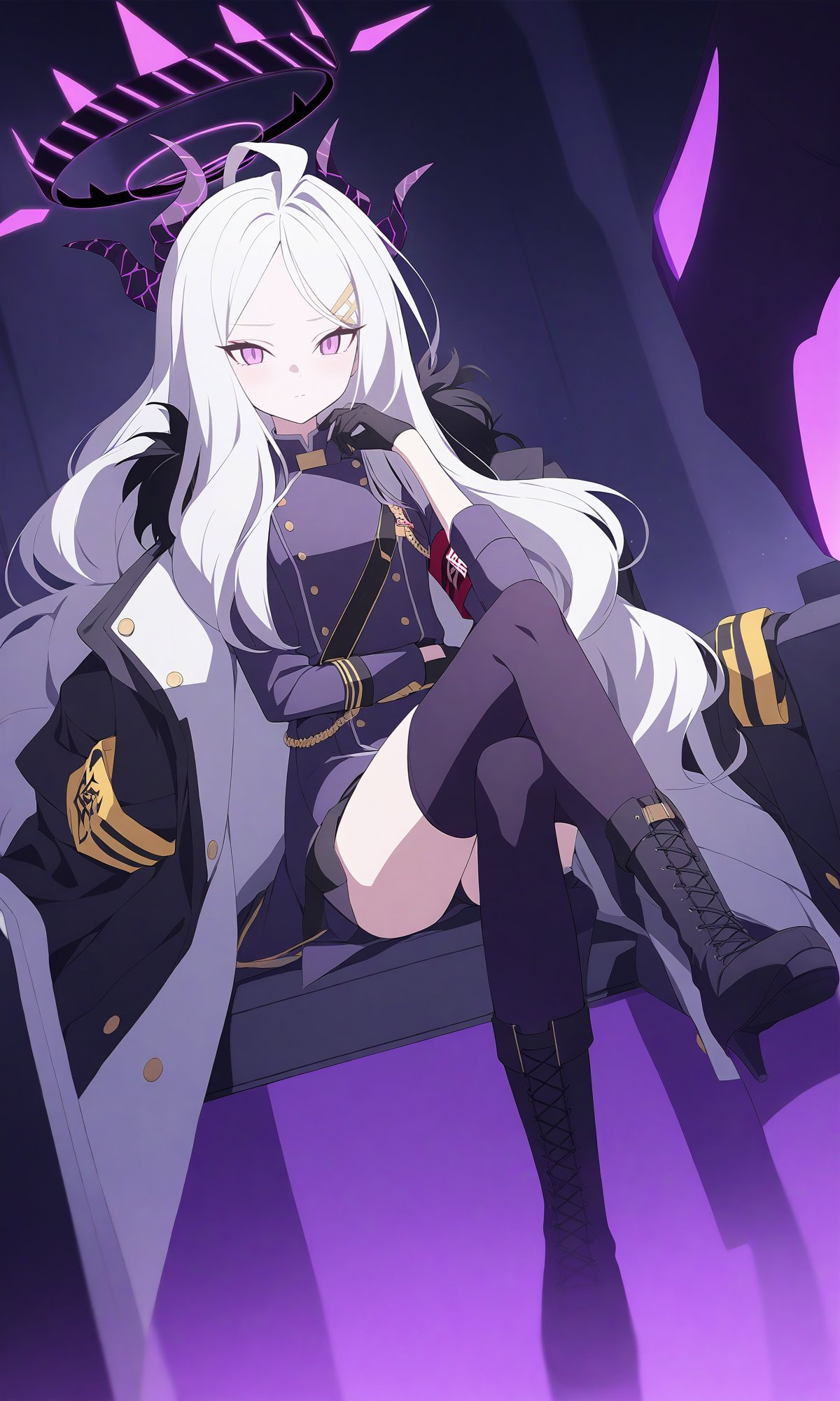 hina_\(blue_archive\) anime_girl_with_white_hair_and_purple_wings purple_theme night dark_figurings wearing_black_stylish_clothing from_blue_archive masterpiece best_quality newest night 1girl solo horns thighhighs white_hair wings boots long_hair halo crossed_legs sitting purple_eyes gloves looking_at_viewer coat hair_ornament black_gloves armband purple_thighhighs demon_wings knee_boots uniform military_uniform multiple_horns bangs coat_on_shoulders military black_footwear parted_bangs