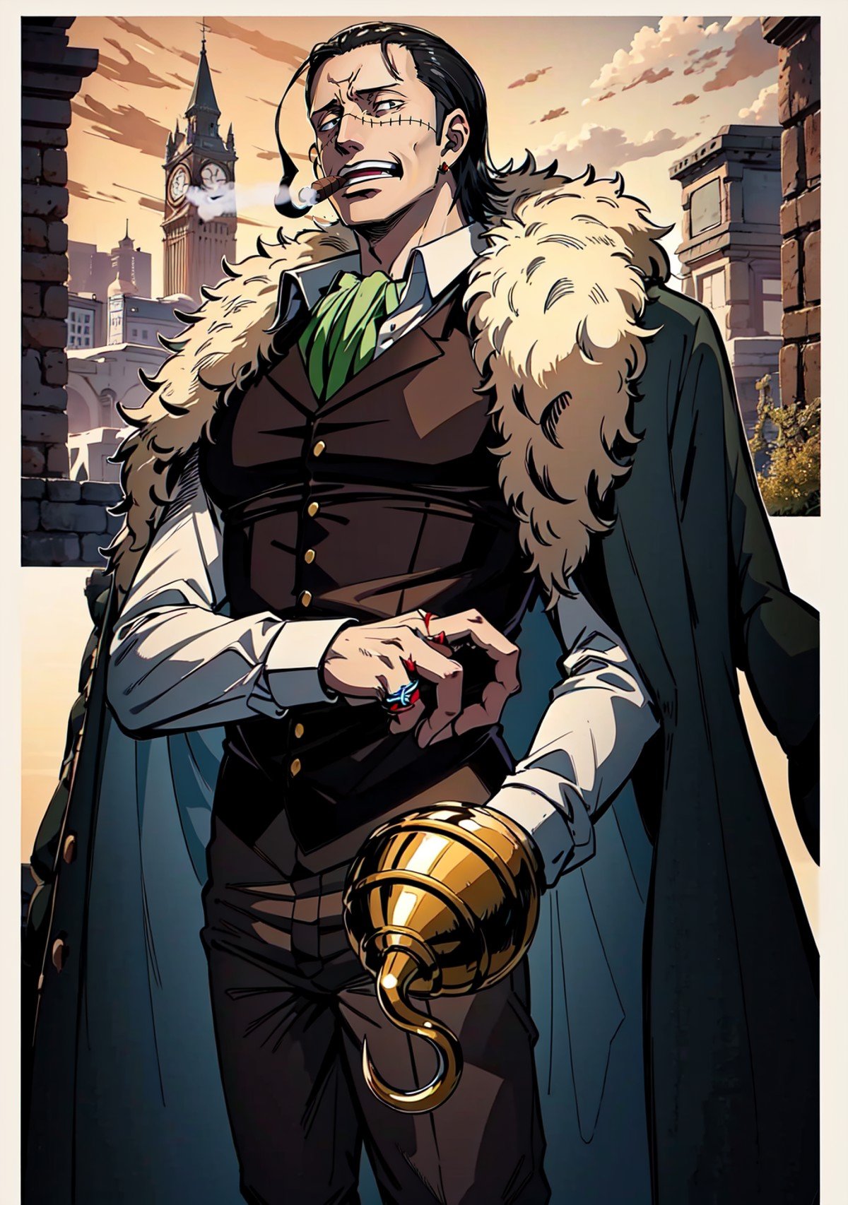 4k, best quality, ultra high res, masterpiece, Crocodile, male, solo, male focus, ascot, coat on shoulders, cigar, smoking, shirt, long sleeves, black vest, coat, fur trim, jewelry, earrings, pants, ring, (hook:1.2), <lora:Crocodile_One_Piece-20:0.9>, cowboy shot