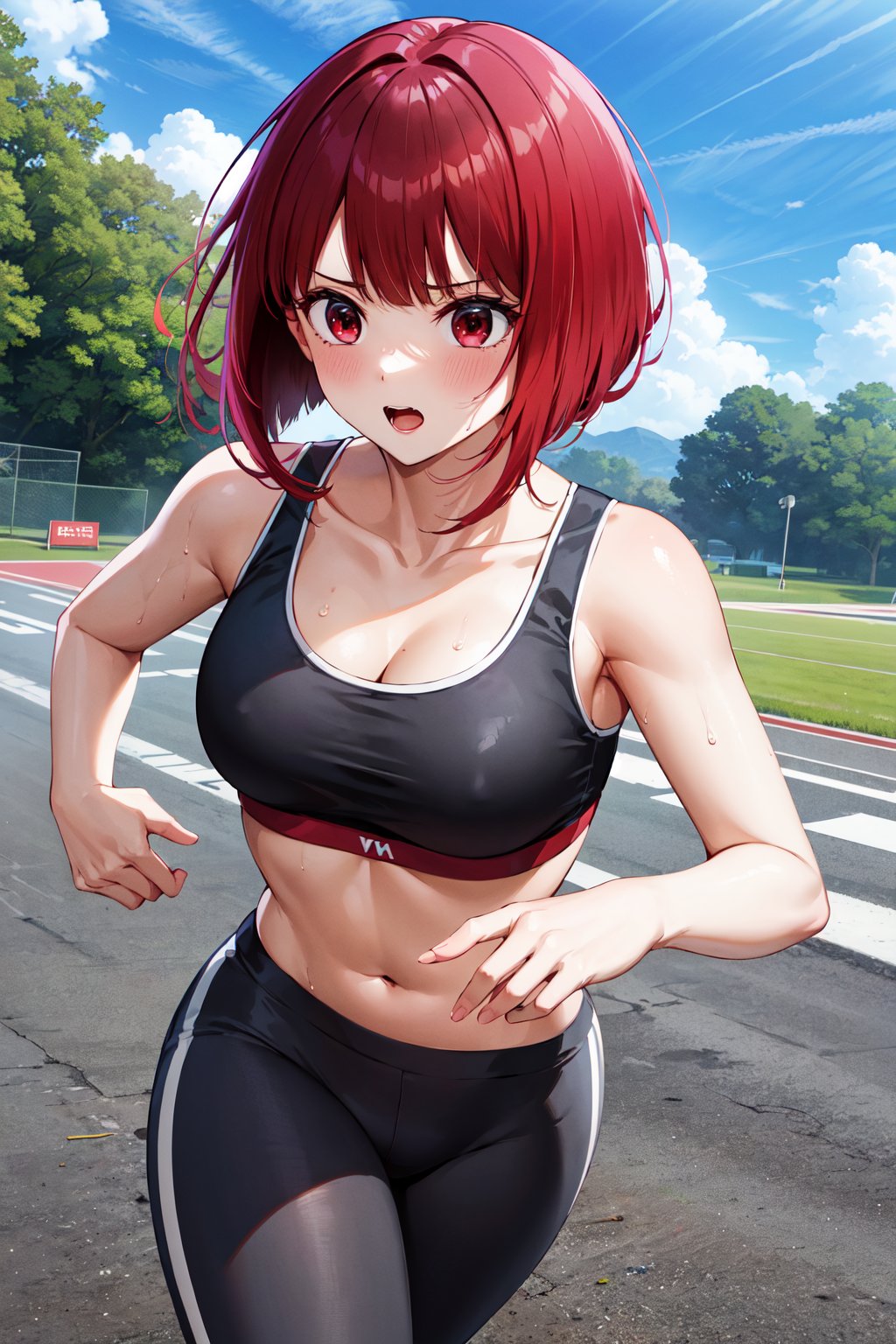 masterpiece, best quality, highres, aakana, short hair, red eyes, <lora:arima_kana_v1:0.7>, sports bra, crop top, legging, running, sweat, park