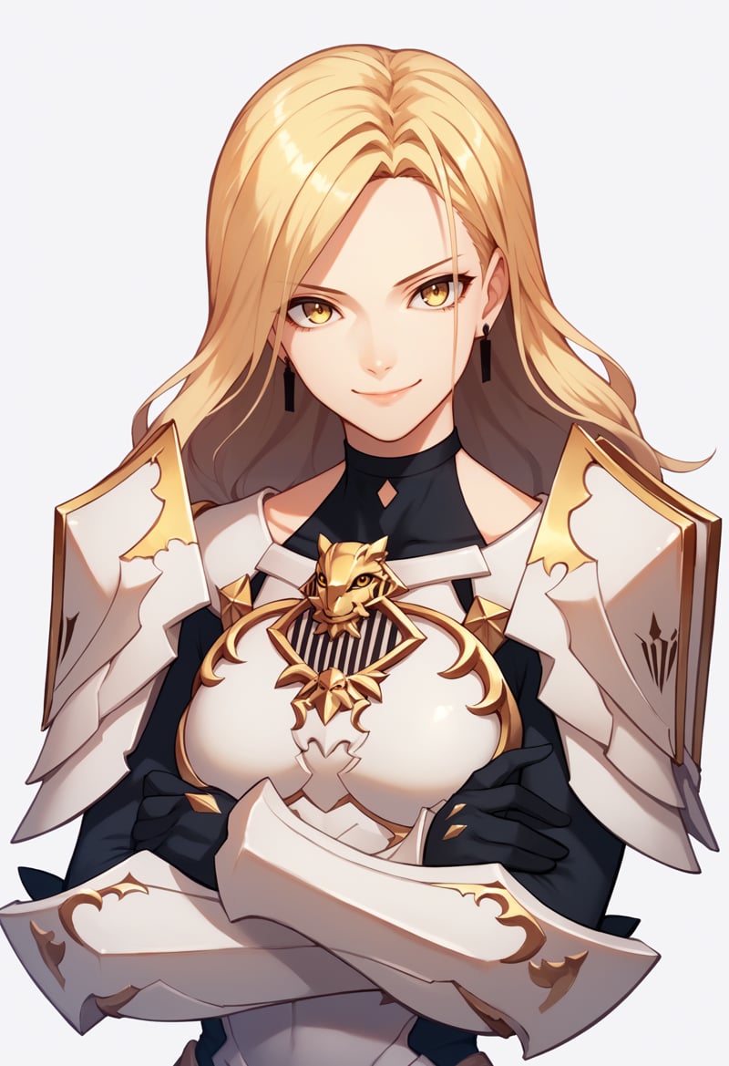 score_9, score_8_up, score_7_up, score_6_up, score_5_up, score_4_up, BREAK,1girl, kisara, blonde hair, long hair, yellow eyes, armor, bodysuit, crossed arms, earrings, gloves,looking at viewer, shoulder armor,upper body, smile, looking at viewer, solo, simple background, white background  <lora:KisaraXL:1>