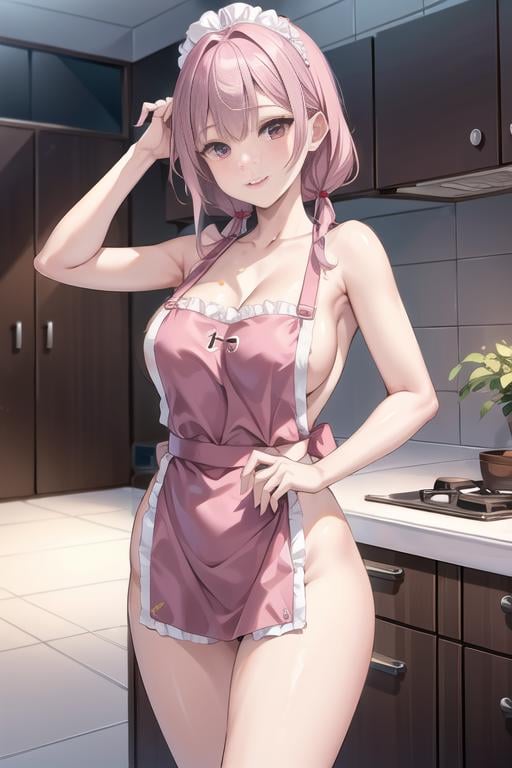 a woman is cooking, (wearing nude_kitchen_apron:1.3),good hand,4k, high-res, masterpiece, best quality, head:1.3,((Hasselblad photography)), finely detailed skin, sharp focus, (cinematic lighting), soft lighting, dynamic angle, [:(detailed face:1.2):0.2], medium breasts,(((inside kitchen))), <lora:betterCuteAsian03:0.3>,  <lora:kitchen_apron:0.5>