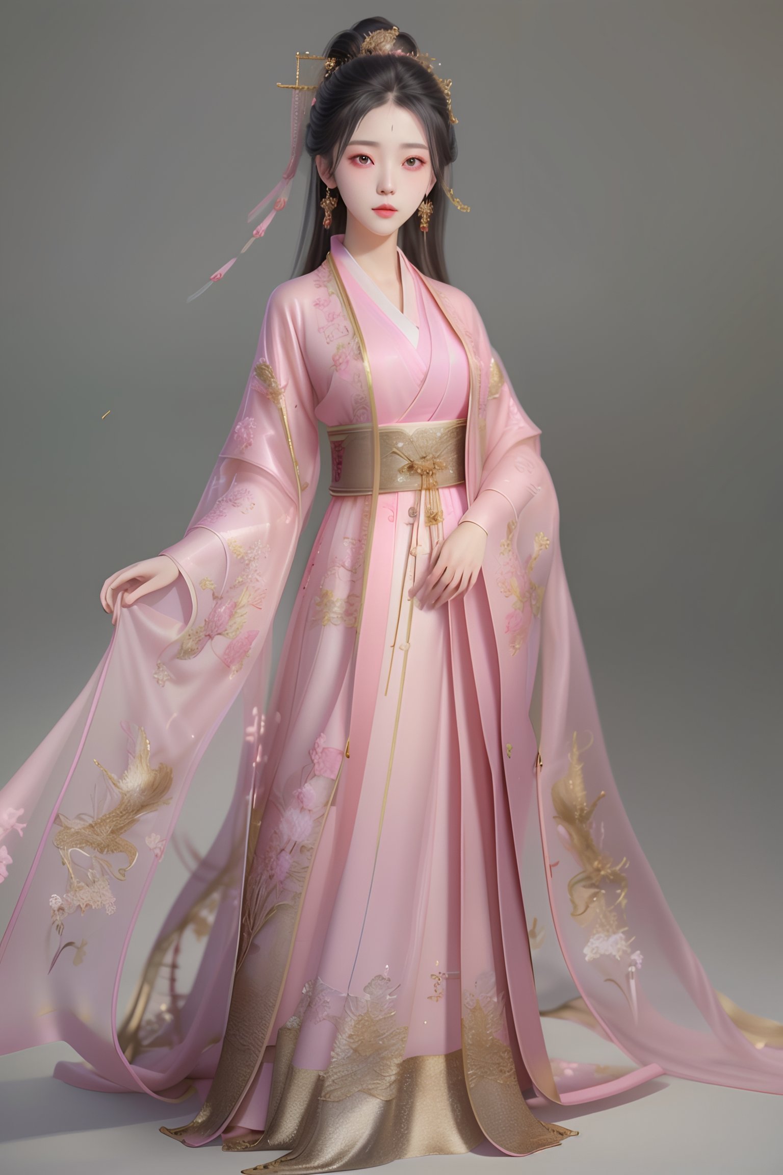 Highest quality,(full body photo: 1.3),Beautiful young woman wearing pink hanfu,Translucent,silky,noble temperament,intricate gold embroidery on the clothes,dark background