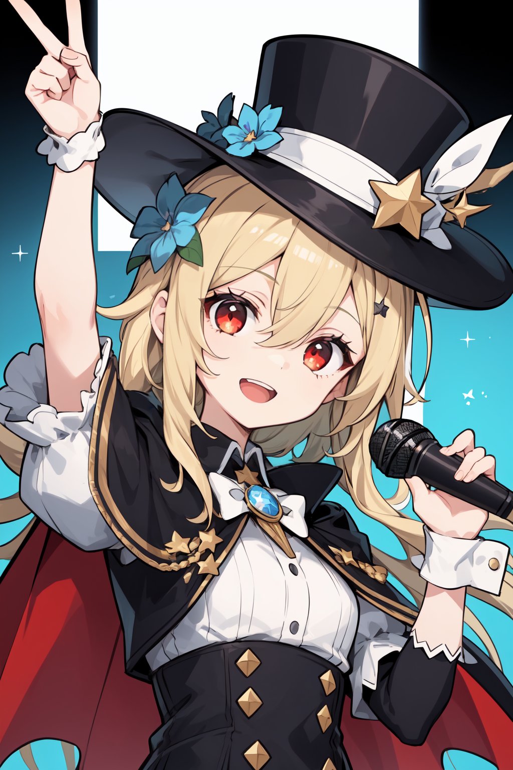 1girl, , :d, arm up, asymmetrical sleeves, black headwear, black jacket, blonde hair, blue cape, blue flower, cape, flower, hair between eyes, hair flower, hair ornament, hat, head tilt, holding, holding microphone, index finger raised, jacket, long hair, long sleeves, looking at viewer, microphone, mini hat, mini top hat, official alternate costume, open mouth, puffy short sleeves, puffy sleeves, red eyes, short sleeves, sleeves past wrists, smile, solo, star (symbol), tilted headwear, top hat, uneven sleeves, upper body, 