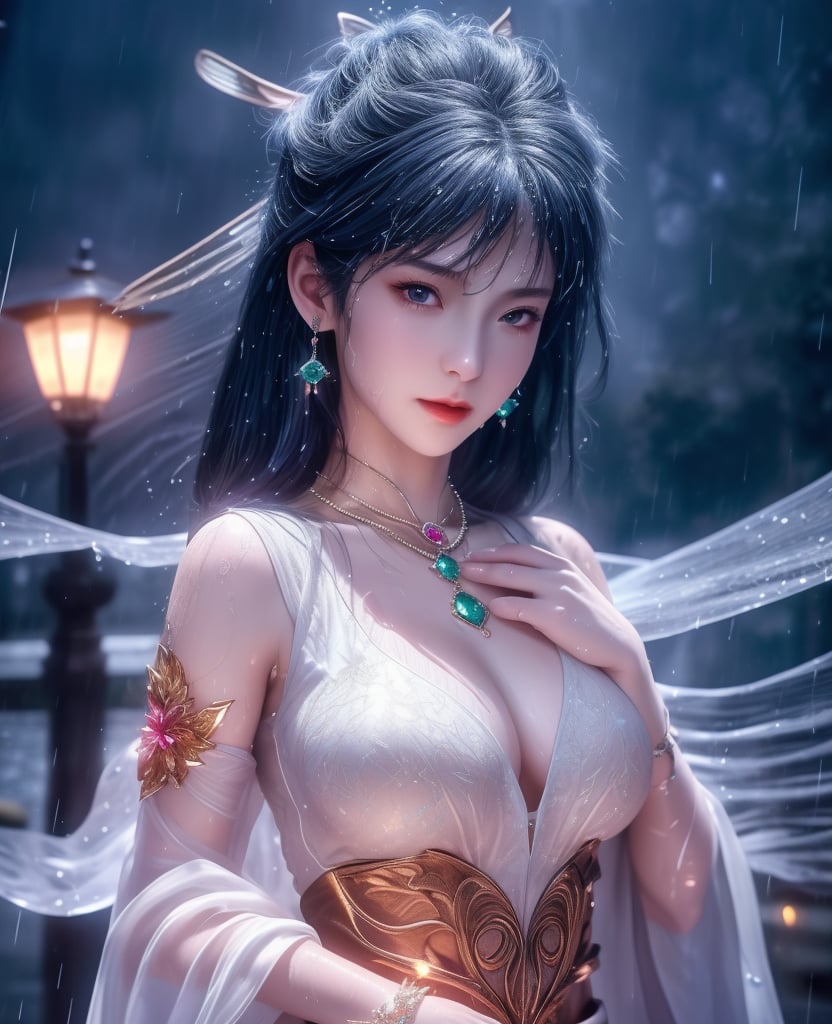 <lora:斗罗大陆-唐舞桐-海神缘:0.8> (,1girl, ,best quality, ),looking at viewer, ,ultra detailed 8k cg, ultra detailed background,  ultra realistic 8k cg,          cinematic lighting, cinematic bloom, (( , )),,  , unreal, science fiction,  luxury, jewelry, diamond, pearl, gem, sapphire, ruby, emerald, intricate detail, delicate pattern, charming, alluring, seductive, erotic, enchanting, hair ornament, necklace, earrings, bracelet, armlet,halo,masterpiece, (( , )),,  ,cherry blossoms,(((, night,night sky,lamppost,  ultra high res, (photorealistic:1.4), raw photo, 1girl, , rain, sweat, ,wet, )))(( , ))   (cleavage), (),