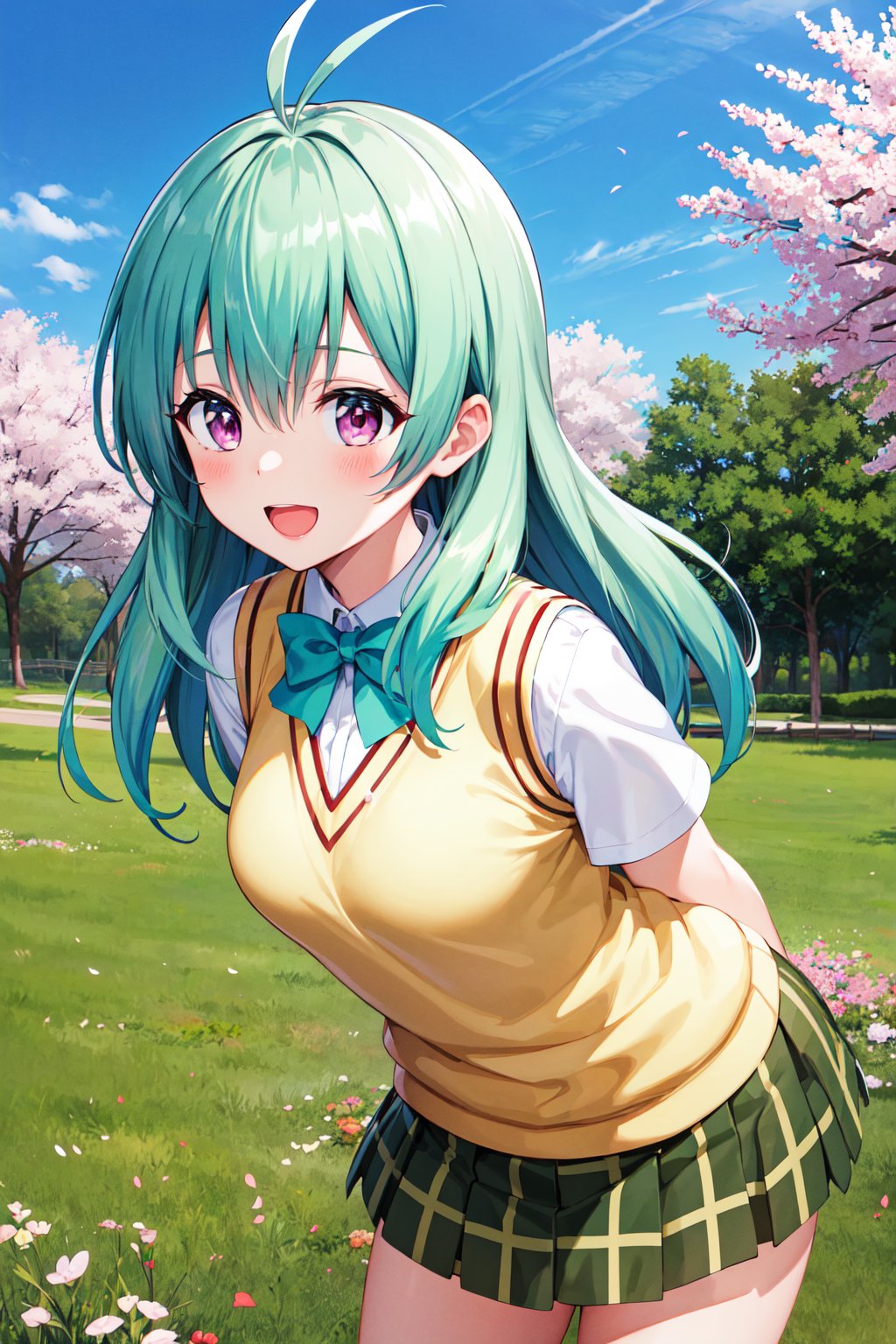 masterpiece, best quality, highres, aarej, solo, long hair, antenna hair, purple eyes, school uniform, green bowtie, white shirt, sweater vest, yellow vest, short sleeves, plaid skirt, green skirt,  <lora:run_elsie_jewelria_v1:0.7>, standing, cowboy shot, bent over, arms behind back, outdoors, cherry blossoms, smile, open mouth,