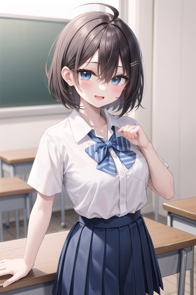 insanely detailed, absurdres, ultra-highres, ultra-detailed, best quality,1girl, solo, nice hands, perfect handsBREAKsummer school uniform, (plain dark blue skirt with many pleats:1.4), (striped indigo blue bowtie:1.3), short sleeves, white shirt, shirt with white buttonBREAK(nsfw:-1.5)BREAKhappy smile, laugh, open mouthBREAKstanding, cowboy shot, looking at viewerBREAKslender, kawaii, perfect symmetrical face, ultra cute girl, ultra cute face, ultra detailed eyes, ultra detailed hair, ultra cute, ultra beautifulBREAKclassroom, depth of field, ultra detailed backgroundBREAKmedium large breastsBREAK, (ahoge:1.2), (short bob cut, hair between eyes, black dark_brown hair), black dark_brown eyes