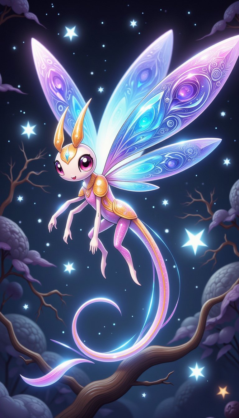 Meet "Glintzen", a luminescent, iridescent dragonfly-like Pokémon with a slender, crystalline body that shimmers in hues of rose gold, sapphire, and amethyst. Its delicate wings refract light into a mesmerizing display of colors, creating a dazzling aura that can hypnotize its opponents. Glintzen's abdomen is adorned with intricate, swirling patterns that shift and change depending on its mood and the surrounding environment. This mystical creature has the ability to manipulate light waves, creating powerful blasts of concentrated energy or gentle, soothing illumination to heal its allies. As a Psychic/Fairy-type, Glintzen can teleport short distances, leaving behind a trail of glittering, ethereal sparks that linger in its wake.