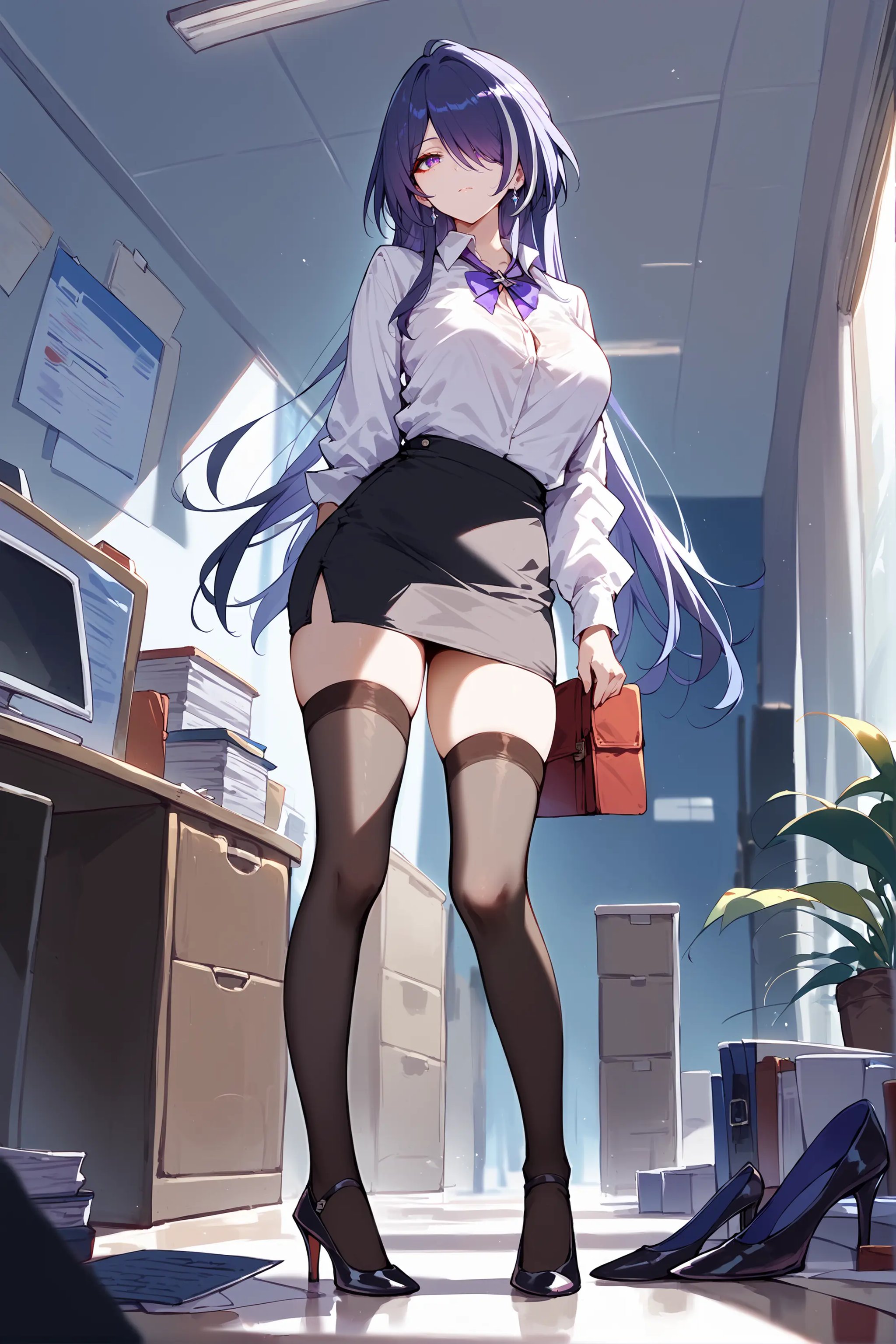 score_9, score_8_up, score_7_up, 1girl, acheron \(honkai: star rail\), solo, office lady, collared shirt, white shirt, pencil skirt, black thighhighs, high heels, standing, full body, office, indoors, depth of field <lora:Char-HonkaiSR-Acheron-Pony-V1:0.9>