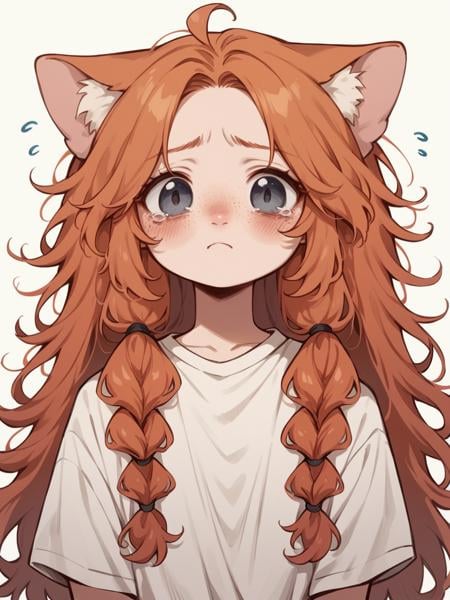 score_9, score_8_up, score_7_up, score_6_up, <lora:3m0t3XLP:1>3m0t3, ginger hair, blush, 1girl, freckles, grey eyes, long hair, Fr3ckles, <lora:Fr3ckledXLP:0.2> white background, cat ears, sad