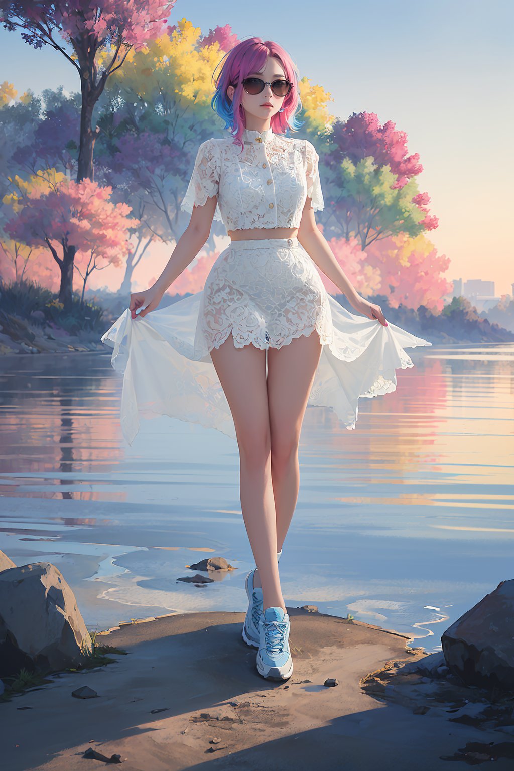 (beautiful skyline,  magnificent sky),  (great tension and dramatic graphics,  moving visuals),  (hanging north star,  colorful natural light),  (masterpiece,  top quality,  best quality,  watercolor (middle),  official art,  Beauty and aesthetics: 1.2),  (1 girl: 1.3),  (fractal art: 1.3),  beautiful girl,  lower body,  bzroselina,  lace dress,  white shirt,  lace skirt,  white skirt,  light blue sunglasses,  golden piercings,  colorful sneakers,  viewing audience,  patterns,  (rainbow hair,  colorful hair,  half blue and half pink hair: 1.2),<lora:EMS-294864-EMS:0.700000>