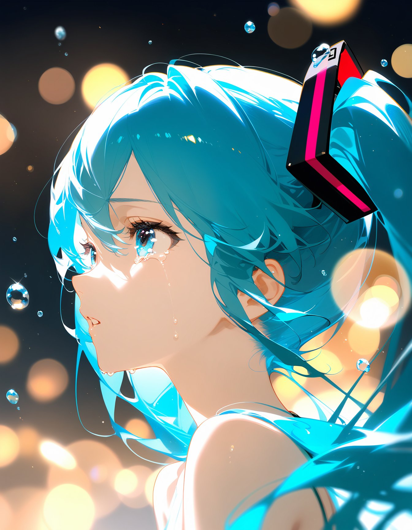 1girl,solo,hatsune miku,long hair,twintails,profile,blue hair,crying,tears,bubble,from side,eyelashes,blue eyes,crying with eyes open,blurry,upper body,parted lips,bangs,bokeh,portrait,close-up,water drop,aqua eyes,hair ornament,depth of field,bare shoulders,aqua hair,