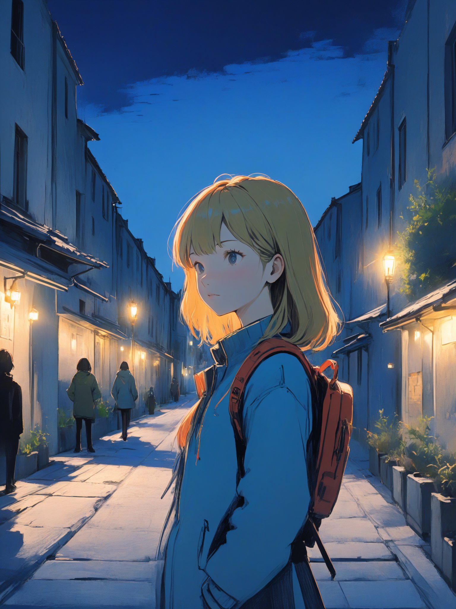 anime, 20 years, Universal Collectable Girl, looking towards camera, at Blue hour, Rough sketch, Tinycore