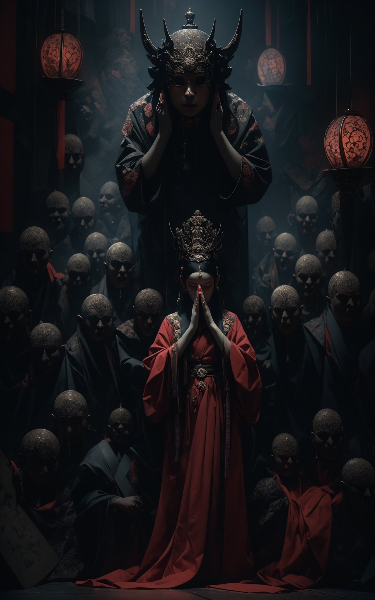 a woman meditating in front of lots of masks, in the style of zhang jingna, photomontage, hirohiko araki, oriental, sergio toppi, theatrical, poster art，(full body:1.5),(dramatic, gritty, intense:1.4),masterpiece, best quality, 8k, insane details, intricate details, hyperdetailed, hyper quality, high detail, ultra detailed, Masterpiece,<lora:绪儿已成精-佛:0.8>