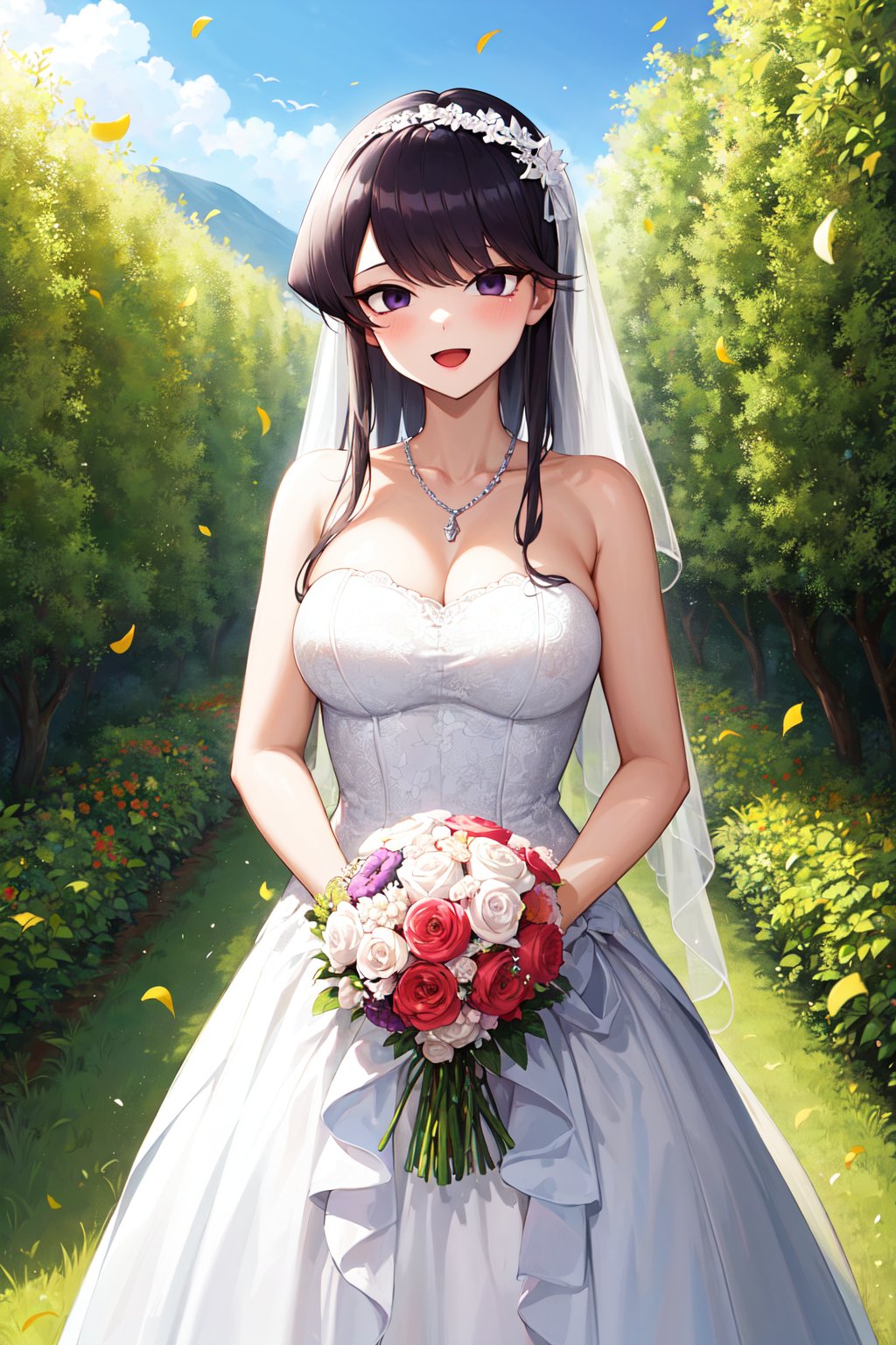 masterpiece, best quality, highres, aashouko, long hair, breasts, <lora:komi_shouko_v1:0.7>, wedding dress, white dress, strapless, necklace, holding bouquet, smile, open mouth, confetti, garden