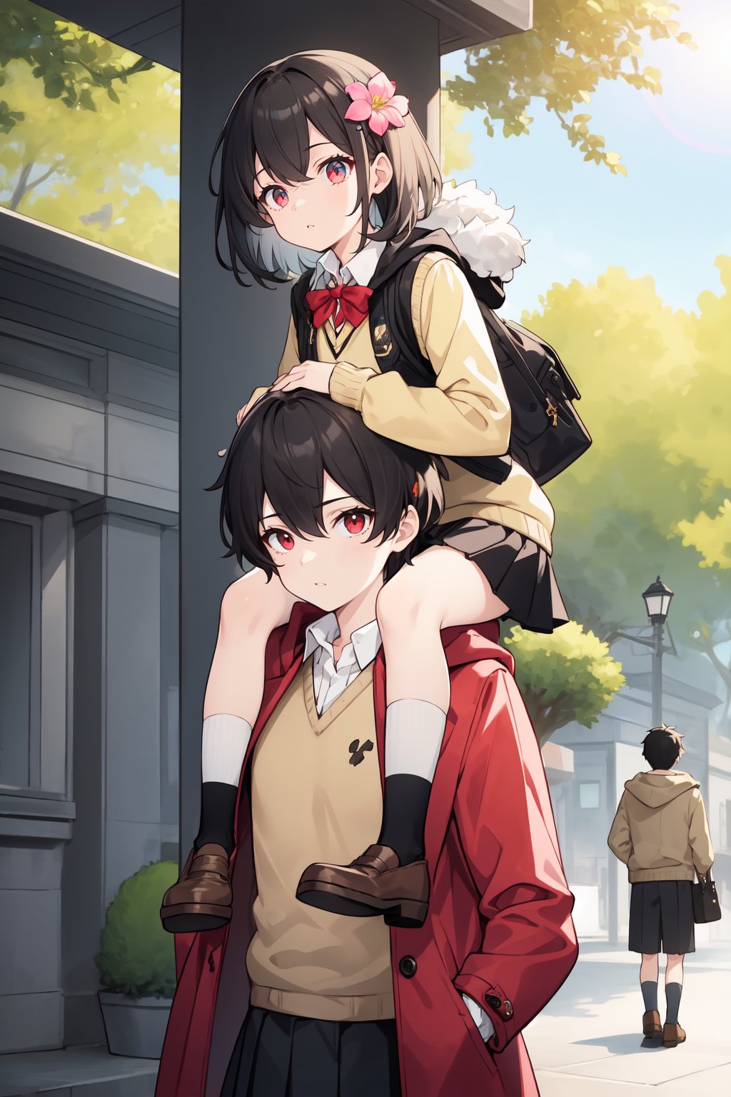 1boy, 1girl, , black hair, black pants, black skirt, blue coat, blue eyes, boots, brown footwear, building, carrying, coat, collared shirt, cowboy shot, drawstring, flower, fur trim, glowing, hair flower, hair ornament, hood, hood down, lamppost, lens flare, long hair, long sleeves, pants, piggyback, pink flower, pleated skirt, red coat, red eyes, shirt, short hair, skirt, socks, sweater, sweater vest, tree, white shirt, white socks, yellow sweater, yellow sweater vest, 