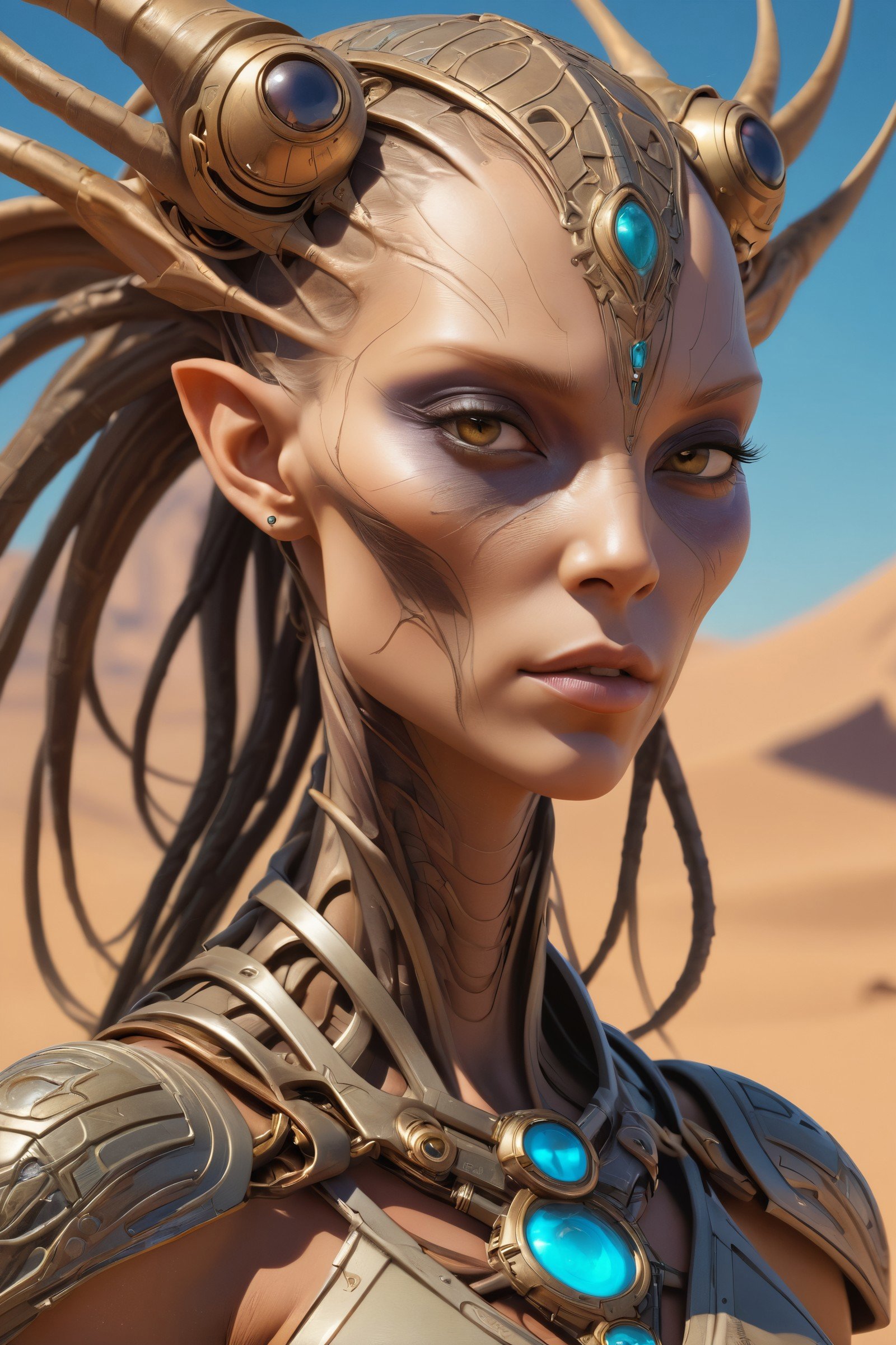 detailed portrait of a beautiful post apocalyptic offworld desert alien creature, intricate, elegant, highly detailed, digital painting, artstation, concept art, smooth, sharp focus, illustration, unreal engine 5, 8k, art by artgerm and greg rutkowski and alphonse mucha