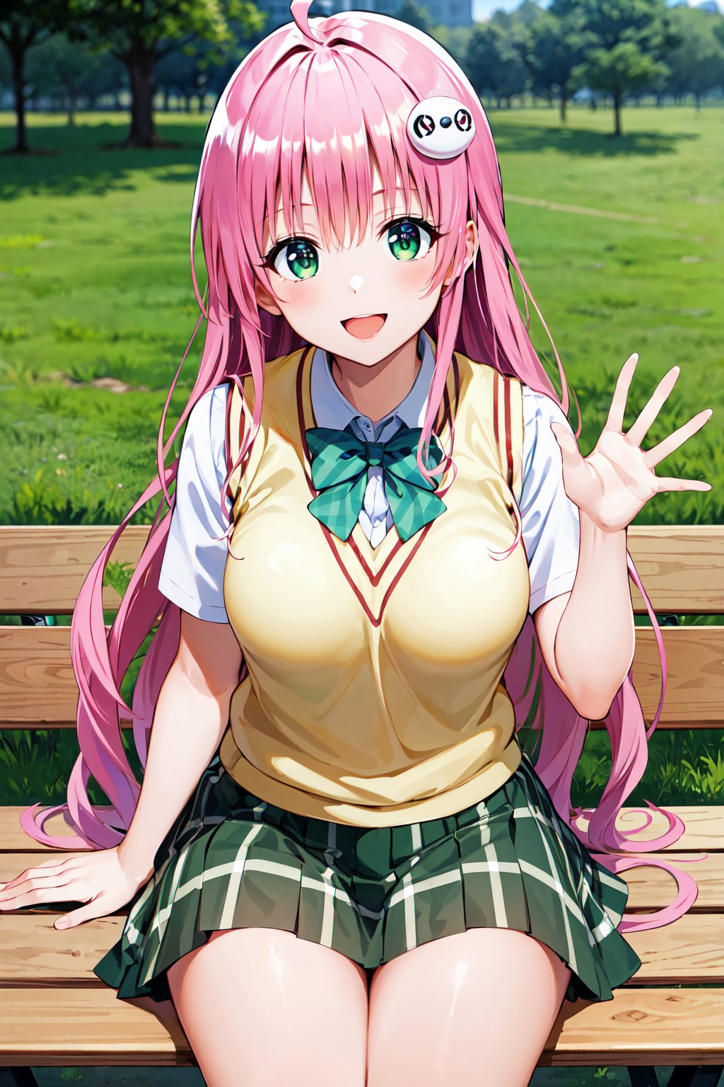 masterpiece, best quality, highres, aalala, long hair, ahoge, hair ornament, green eyes, breasts, school uniform, green bowtie, collared shirt, white shirt, sweater vest, yellow vest, short sleeves, plaid skirt, green skirt, <lora:lala_satalin_deviluke_v1:0.7>, sitting, bench, waving, smile, outdoors