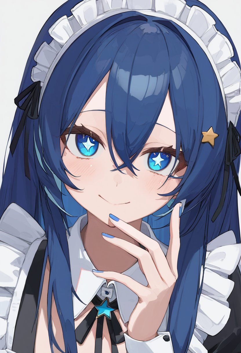 1girl,solo,virtual youtuber, blue hair,very long hair,maid,blue eyes,(smile:0.6),(upper body:1.2),looking at viewer,hair between eyes, star in eye, symbol in eye,newest,highres,absurdres,highly detailed,best quality,