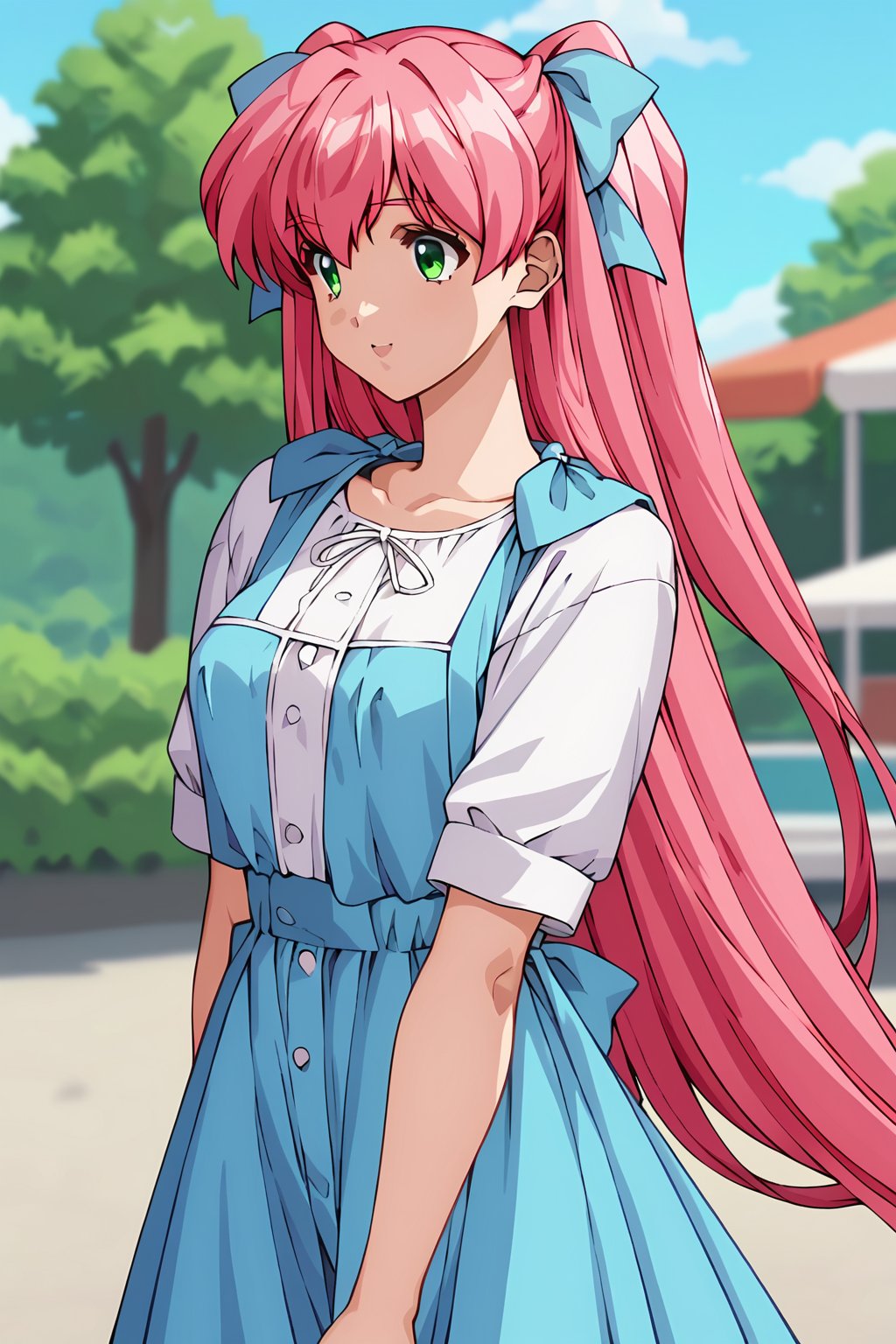 score_9, score_8_up, score_7_up, score_6_up, score_5_up, score_4_up, source_animesaeki kanako, 1girl, pink hair, green eyes, very long hair, two side-up, hair ribbon, blue ribbon, solo, short sleeves, (kanako_blue),blue dress, cowboy shot, hands behind back,masterpiece, perfect face, best quality, beautiful girl, blurry background, cute girl, beautiful eyes, shiny eyes, anime coloring, anime screencap, absurdres, outdoors. <lora:saeki kanako auti 822:0.8>