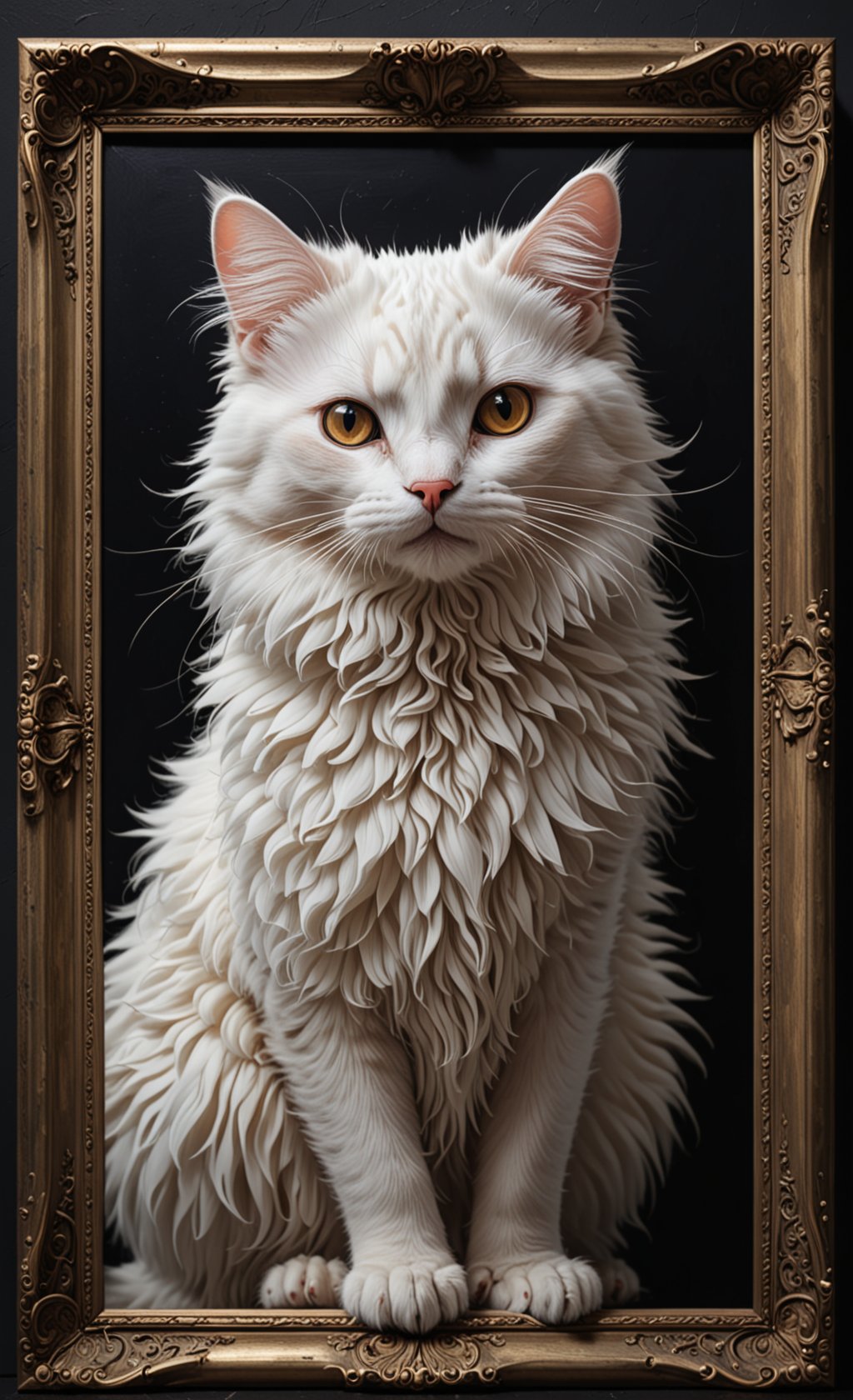 a white cute fluffy cat in dark back ally, (3D Framed, Cat), with mind blowing depth and foreground clarity, abstract details, distinctive visuals, Intricate and Exquisite Definition, Painstaking Attention To Details (Very Intricate), (UHD), <lora:3D_Framed_Wall_Art_-_By_DICE:1>, (3D Framed, Cat), (Unreal Details), (Exquisite intricacies)