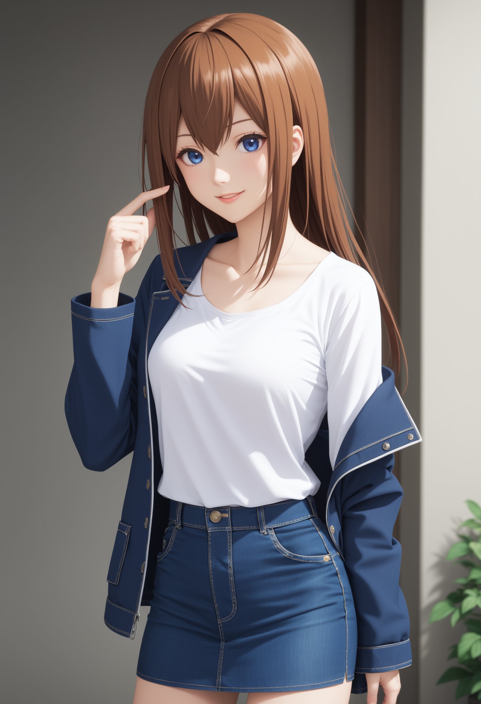 score_9, score_8_up, score_7_up, source_anime,1girl, makise kurisu, steins;gate, brown hair, blue eyes, denim, solo, skirt, jacket, shirt, looking at viewer, white shirt, smile, long sleeves, open clothes, open jacket, cowboy shot, parted lips, collarbone, floating hair, hand up,