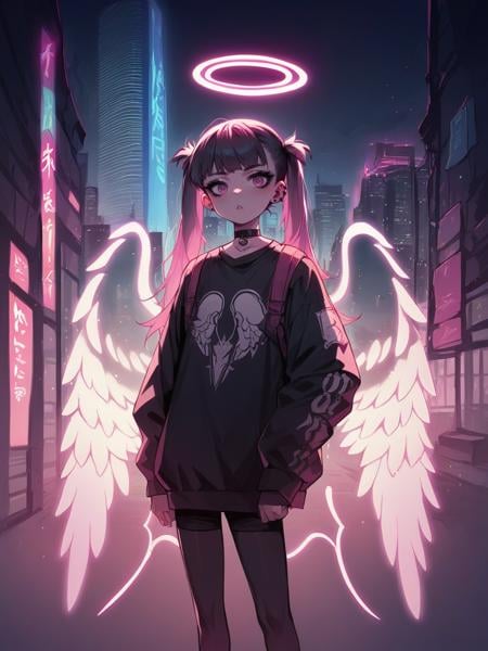 score_9, score_8_up, score_7_up, score_6_up, score_5_up,  source_anime,  <lora:n30nw1ngsXLP2:0.8> n30nw1ngs, neon light wings, wings, angel, cityscape, halo, pink, goth, twintails, 