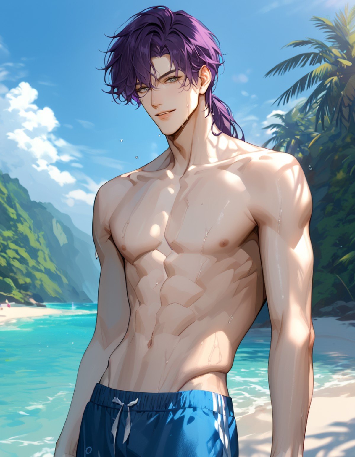 score_9, score_8_up, score_7_up, BREAK 1boy, solo, BREAK male focus, grey eyes, (short purple hair, bangs), swim trunks, topless, abs, pectorals, muscular, wet, smile, BREAK outdoors, beach, sand castle, blurry background, looking at viewer,  <lora:ikemenboys:1>, score_9, score_8_up,score_7_up, score_6_up, score_5_up, score_4_up,